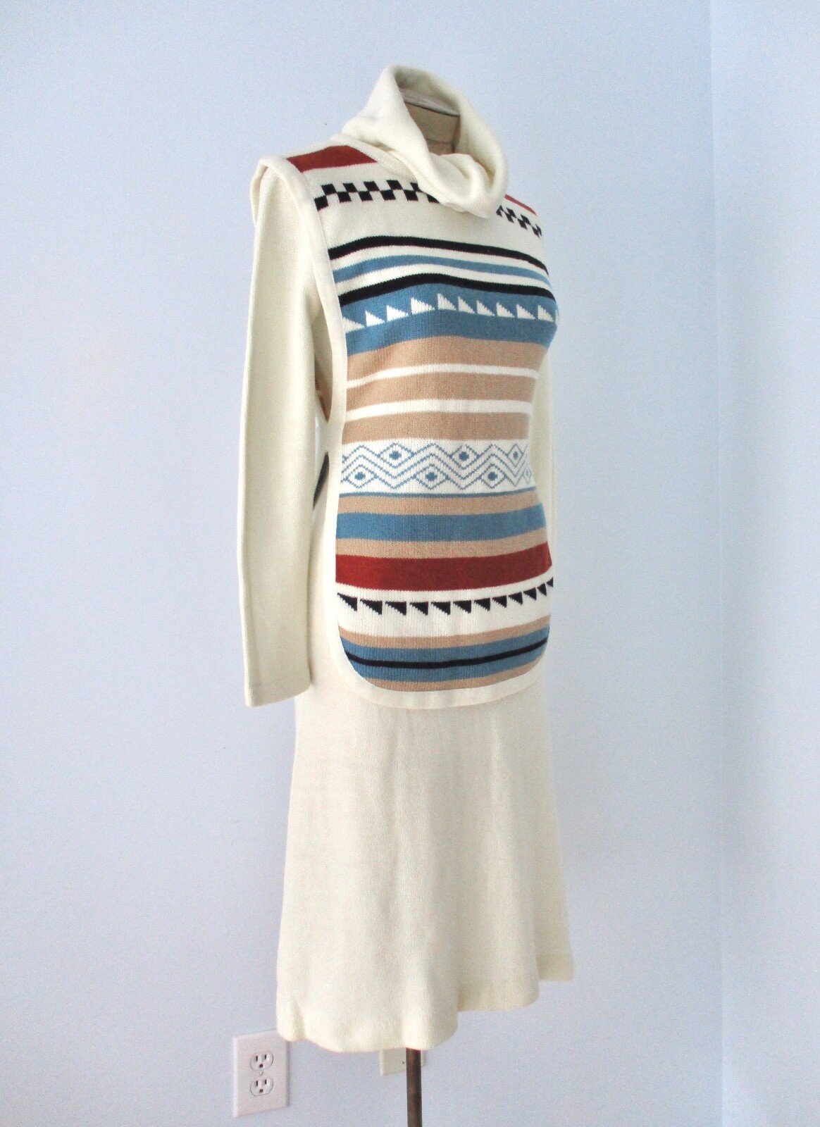 Vtg 70s Ivory 2-Pc Disco Cowl Neck Sweater Dress Blue Tribal Stripe Tunic Vest 8