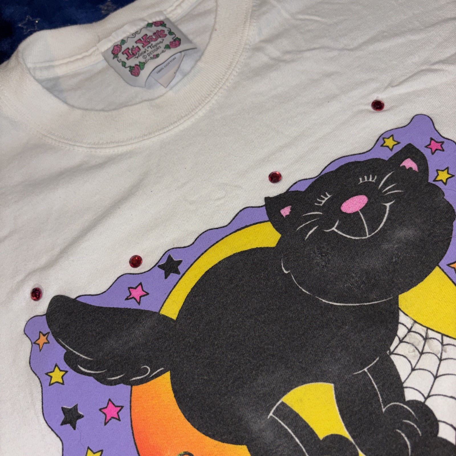 Vintage 90s Trick Or Treat Cat With Pumpkins Im Yours Brand With Pink Rhinestone