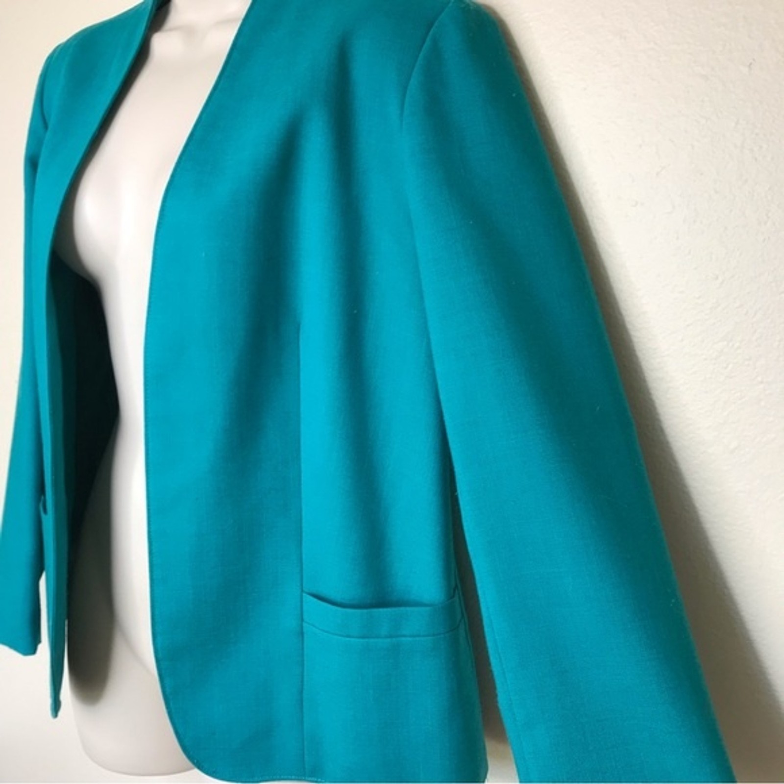 Vintage Tan Jay Div of Nygard Linen Blend Teal Open Front Blazer Jacket Women 12