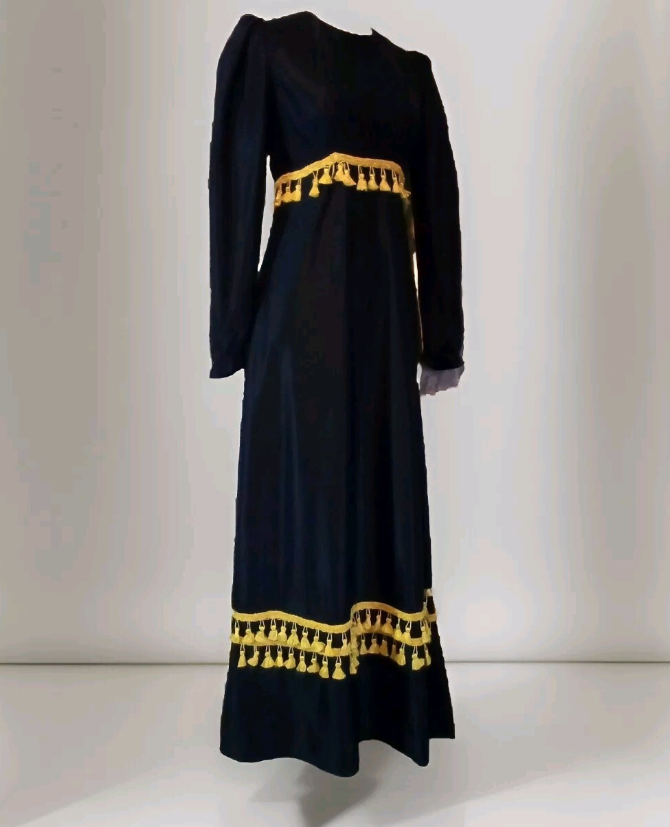 VTG 70s CHARCOAL BLACK Maxi Dress w Empire Waist SUNSHINE YELLOW Tassel Trim XS