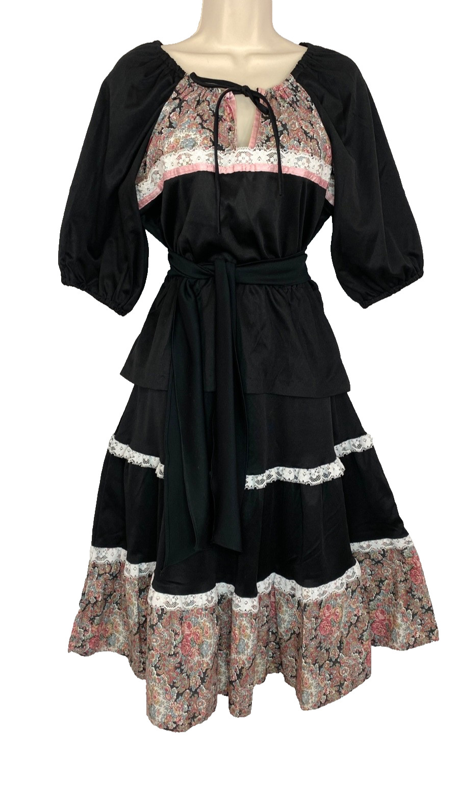 Vintage 1970s black tiered dress M 2 piece pink floral midi top shirt skirt set