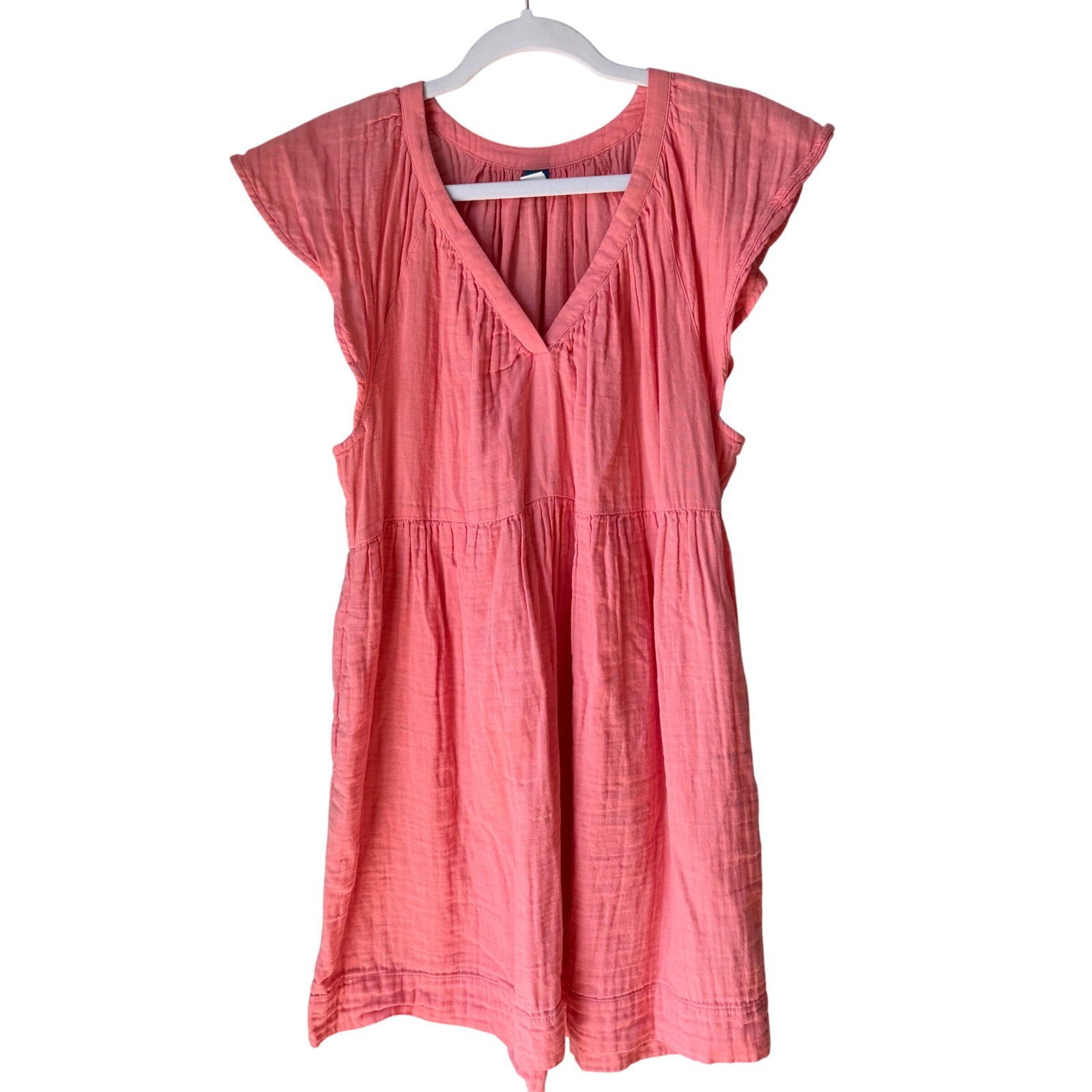 Old Navy Crinkle Gauze Flutter Sleeve Peach Dress V-Neck Tiered Pockets Medium