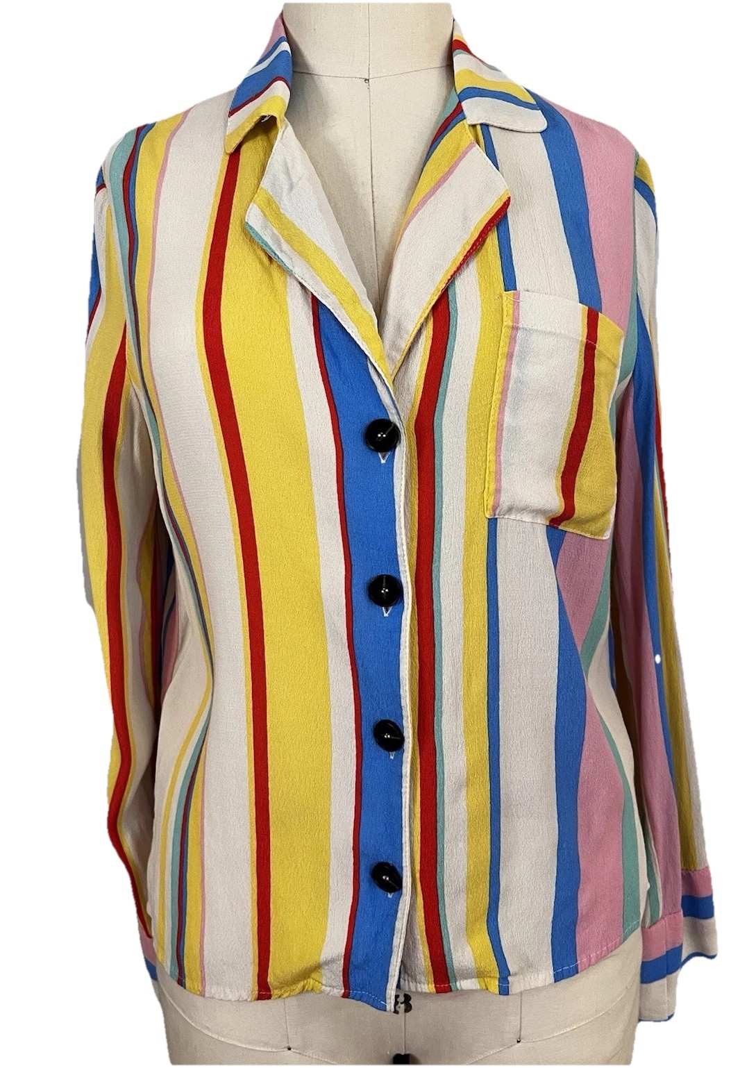 Vintage 80’s Lulus Vibrant Multistripe Rayon Viscose Womens Blouse Sz S