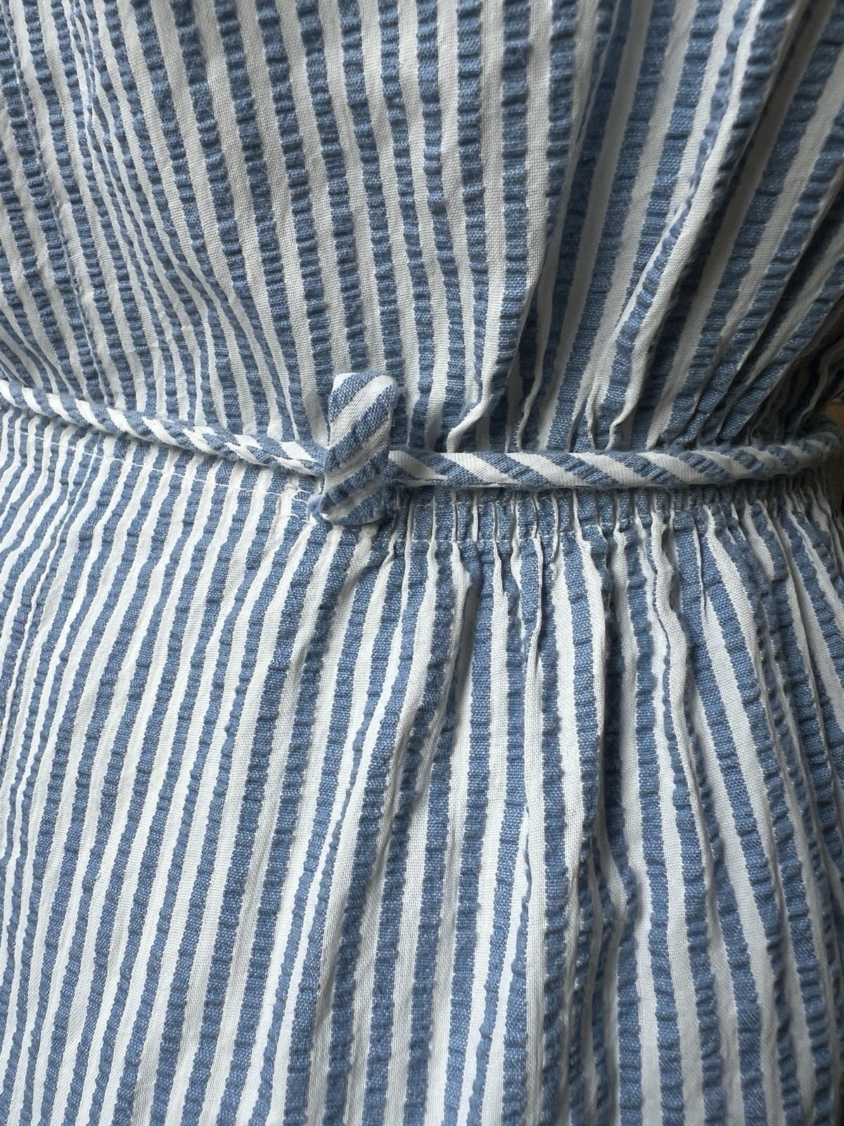 VTG Sears Dress Blue White Seersucker Belt Loops Short Sleeve Knee Length Med/L