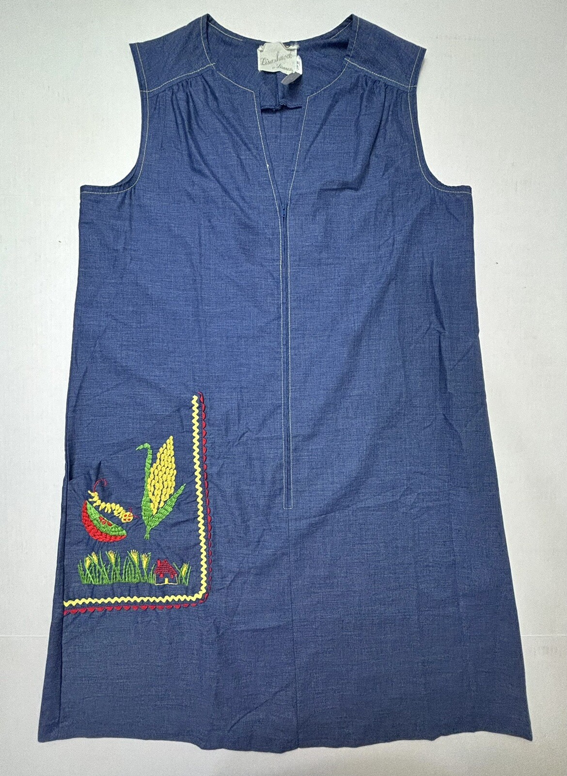 Vtg Lisa Smock by Lisanne Chambray Embroidered Dress Medium Corn Farm Midwest EC