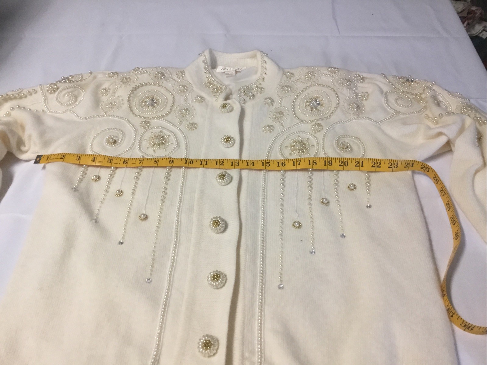 Vtg Belldini CardiganSweater Beaded WoolAngoraNylon L Ivory Shoulder Pads Lined