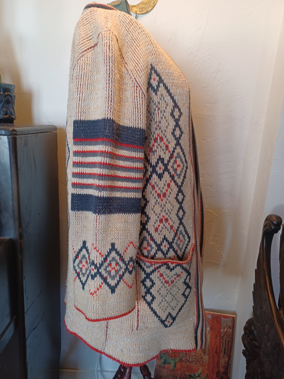 Vintage 70s Boho Geometric Pattern Shawl Collar Cardigan, Wintuck by Sabra