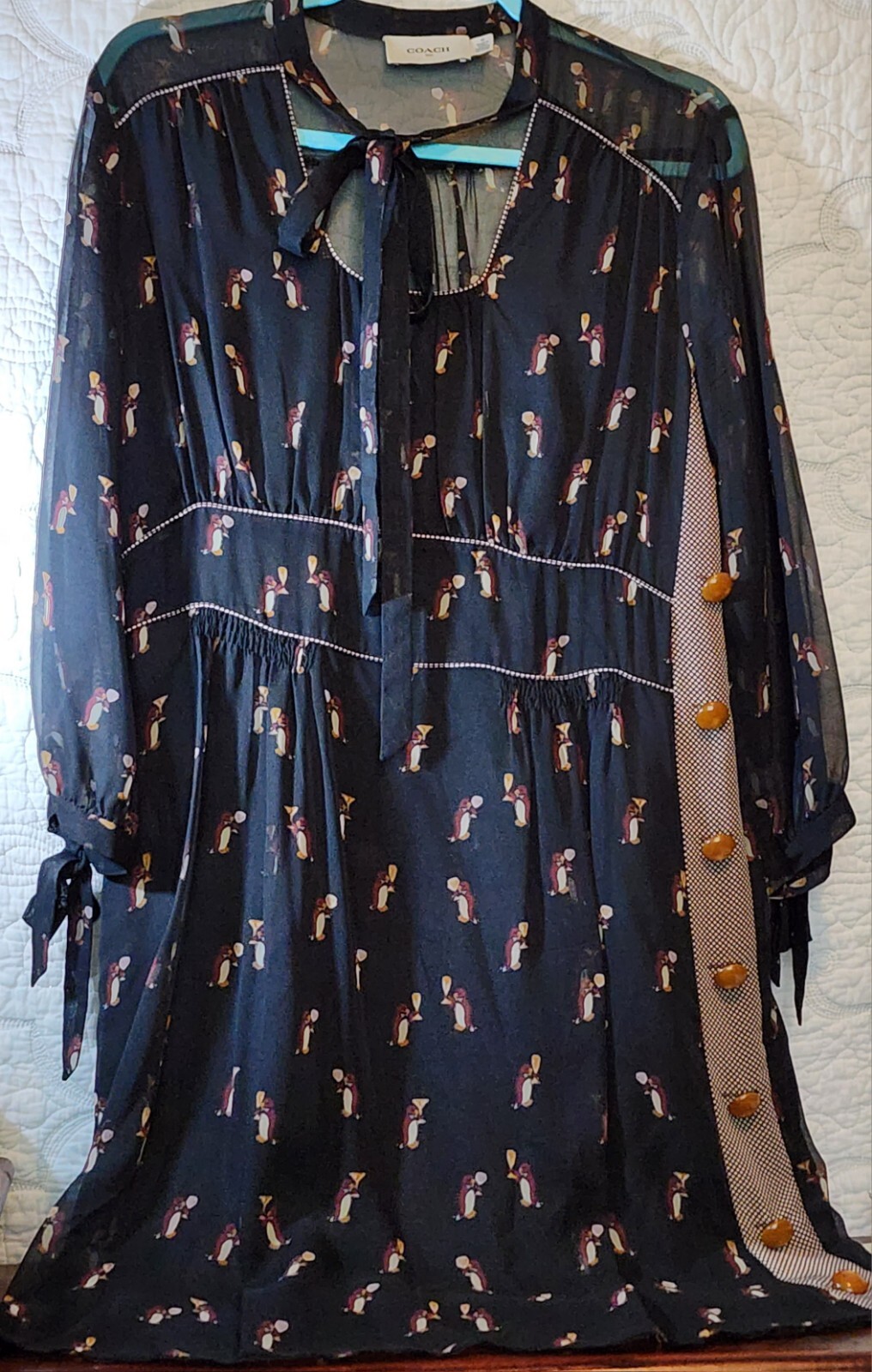 RARE Coach Neck Tie Dress Penguin holding champagne glass Rare print SZ 10.