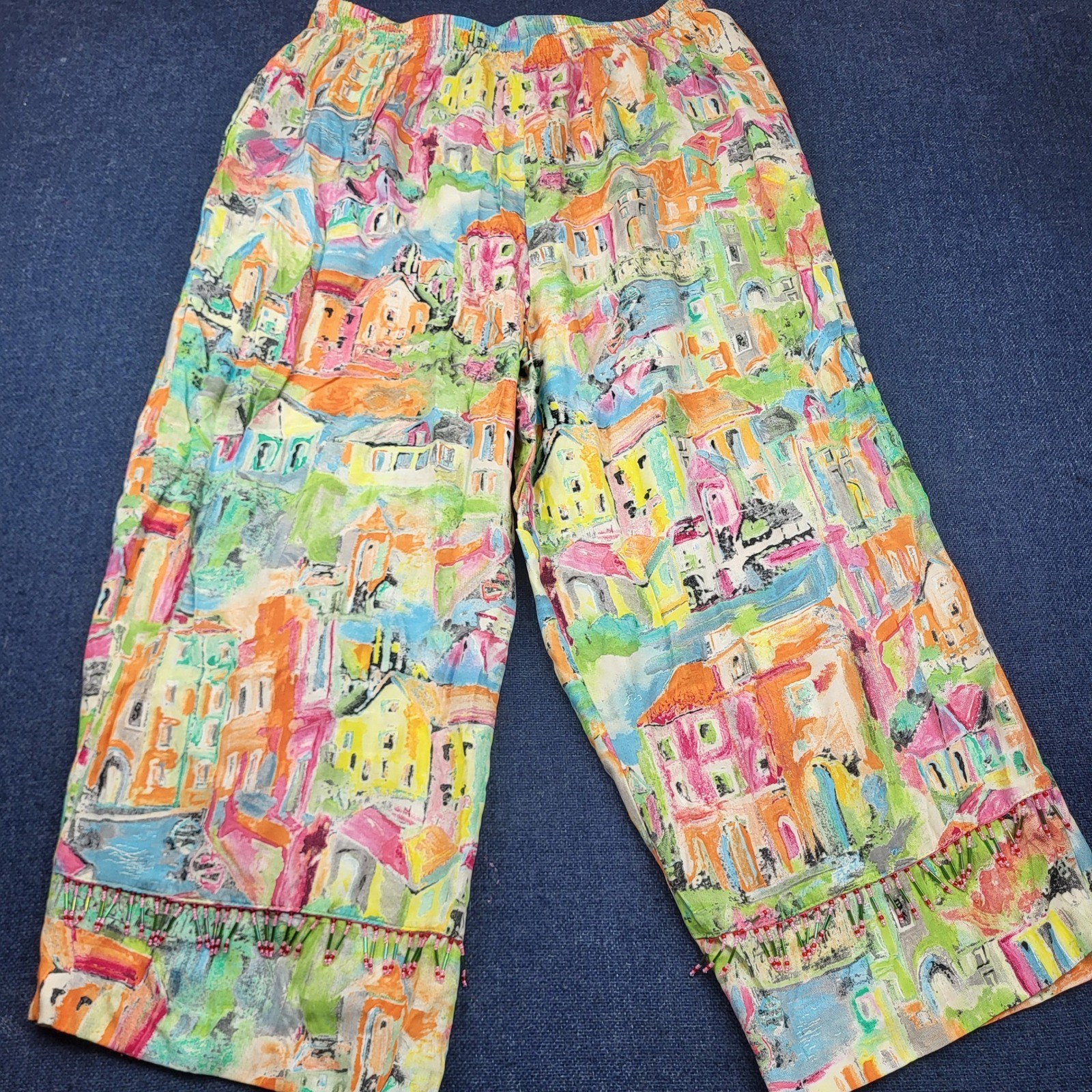 Sea Suns Vintage Village Print Beaded Hem Wide Leg Rayon Pants XL Made in USA