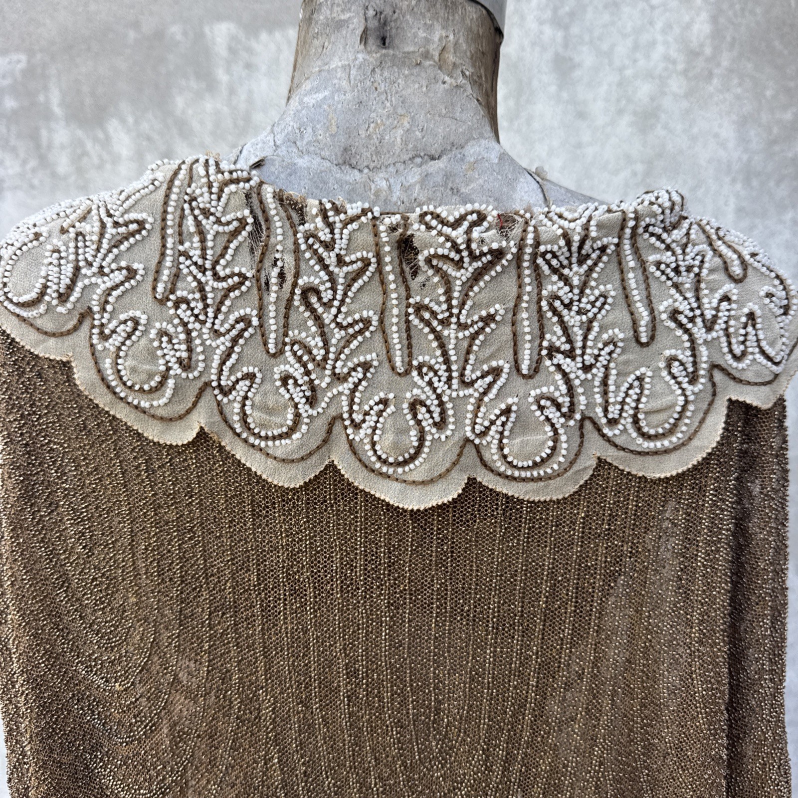 Antique 1920s Completely Beaded Gold Coat Scalloped Hem Art Deco Net Vintage