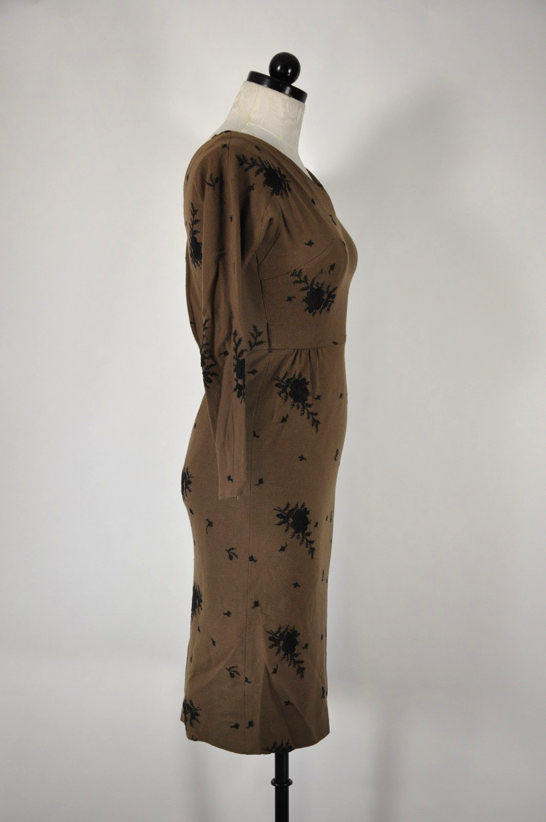 60s Vintage Brown Wool Rose Floral Embroidery Midi Sheath Wiggle Dress Women XS