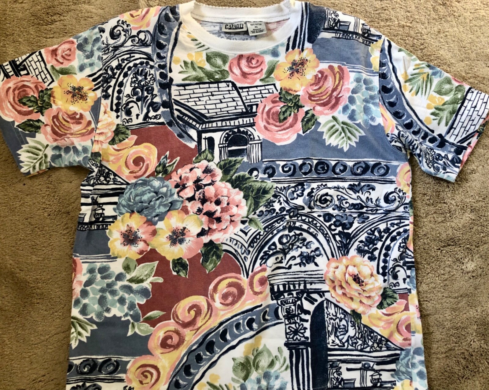 VTG 80s Women’s size LP Short sleeve Floral Top shoulder pads 22” chest 25” Long