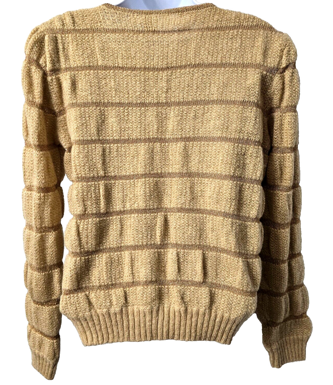 Vintage Wool Blend Knit Sweater S Ribbed Puff Sleeve Gold Sparkle 70s Grandma