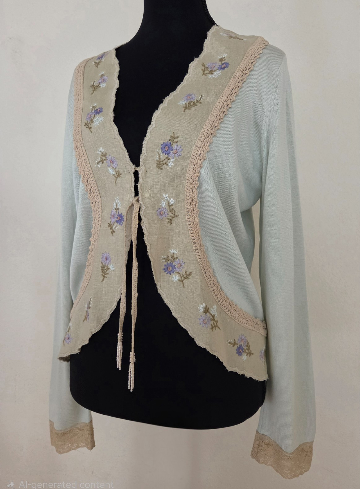 Vintage J.Jill No 28 Light Blue Tie/Hook Cardigan and Crocket, Lace, & Embrodery