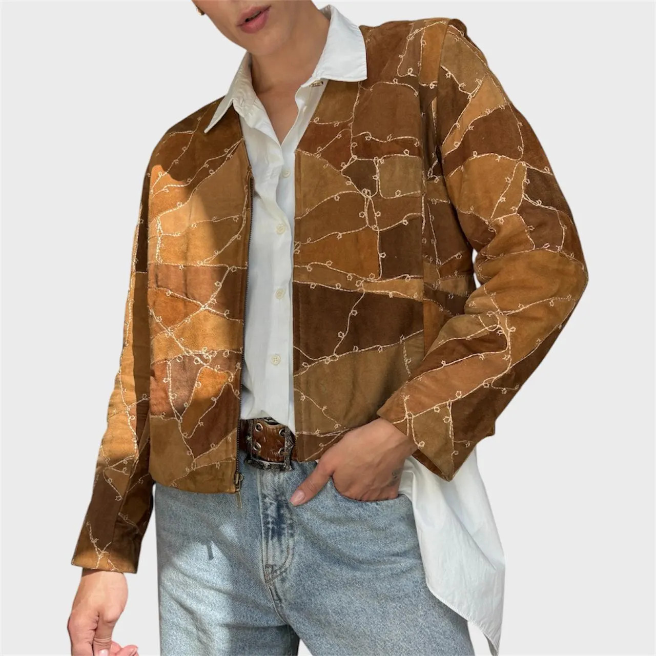 Vintage Brown Suede Patchwork Jacket | Embroidered Zip-Up Size US 8/ EU40