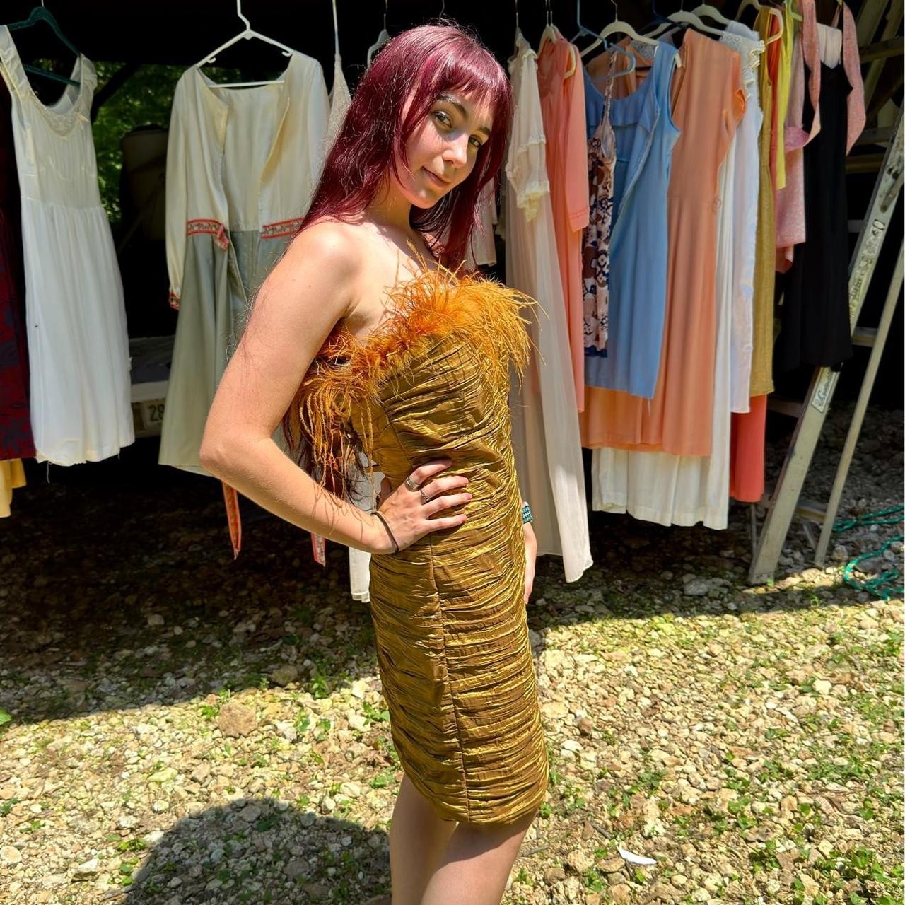 90s Issue New York bronze ruched bodycon cocktail dress fluffy ostrich feathers