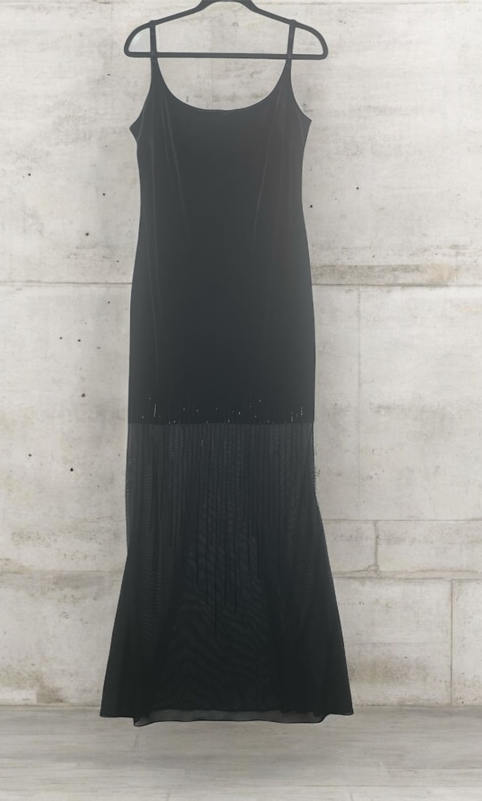 Vintage 90s Y2K Niki Livas Velvet Maxi Dress Size 12 Black Beaded Sheer Bottom