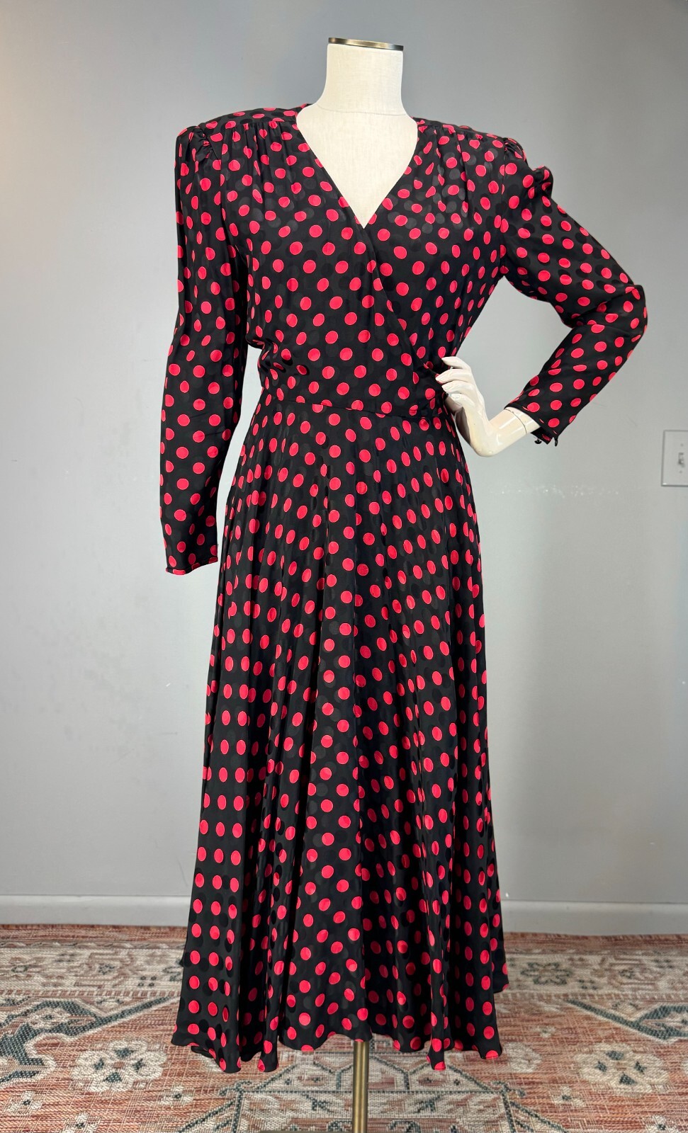 80s Silk Designer Wrap Shirt Dress Albert Nipon Polka Dot Red Black 200+ sweep!!