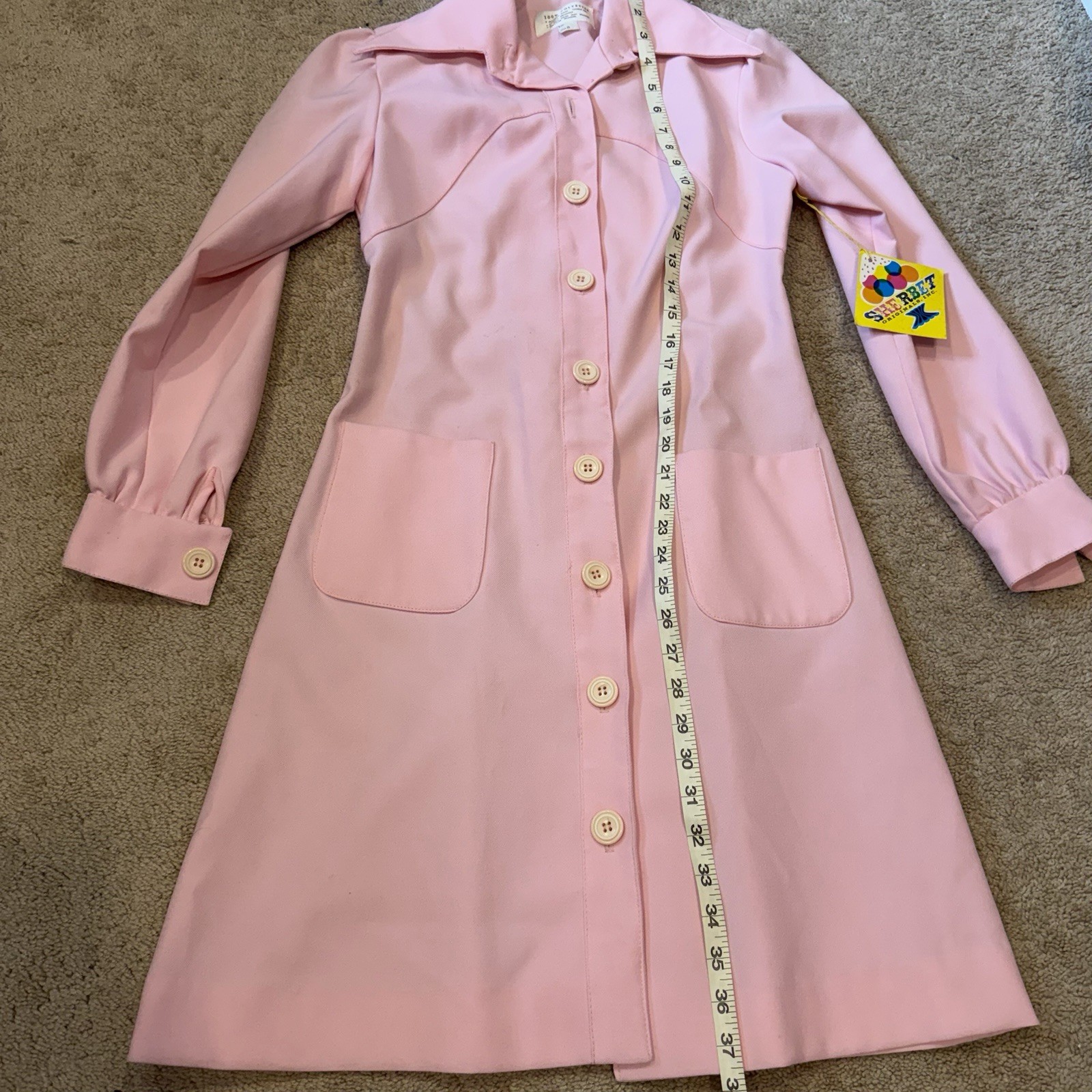 Vintage Sherbet Shirt Dress Juniors 8 Pink Button Front Mod GoGo A Line 60s