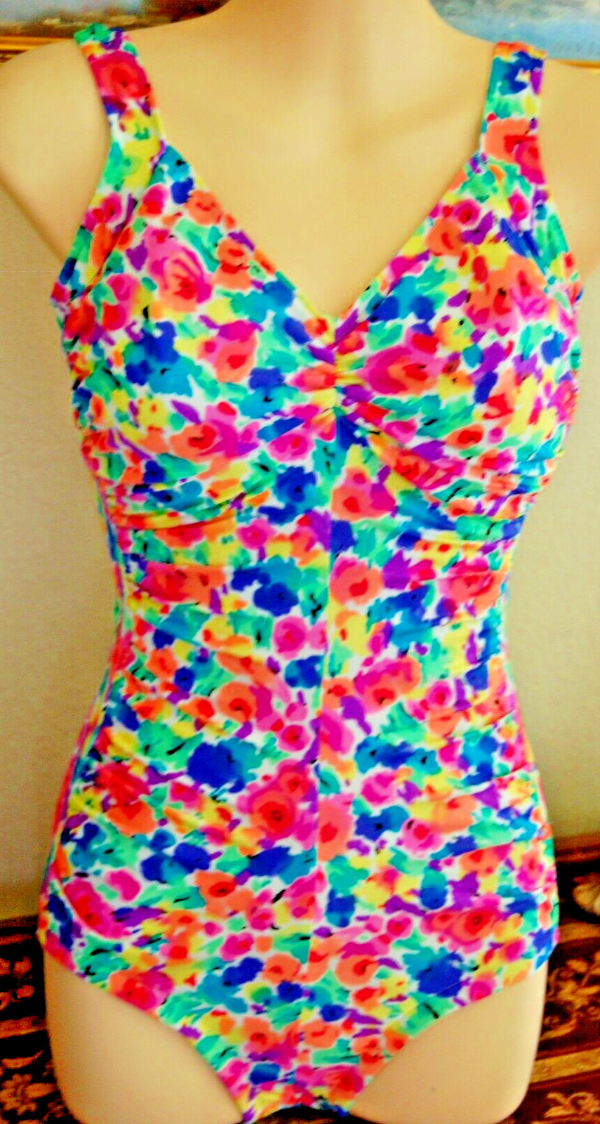 Vintage Gabar Floral Print 1 Piece Swimsuit Ruched Front Size 10 L made in USA