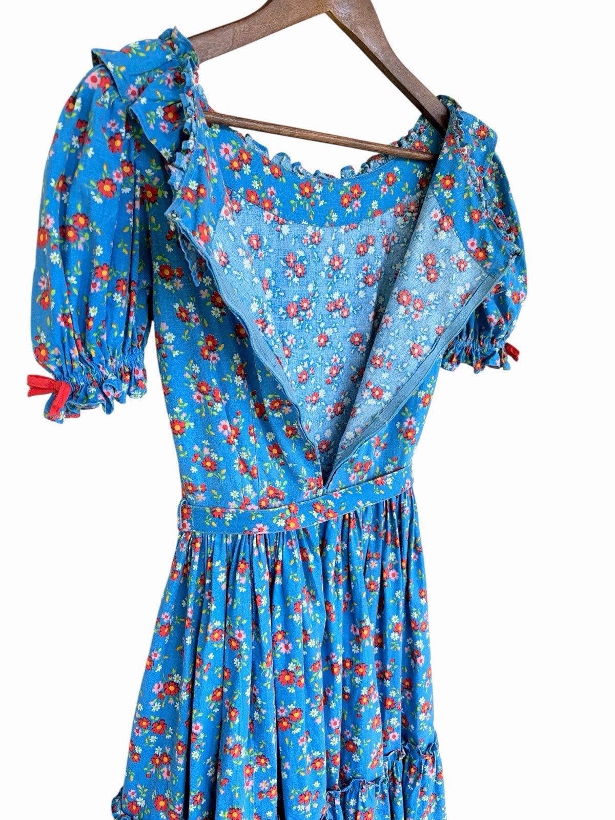 Vintage Blue Floral Peasant/Prairie Style Dress Handmade Ditsy Floral Farmhouse
