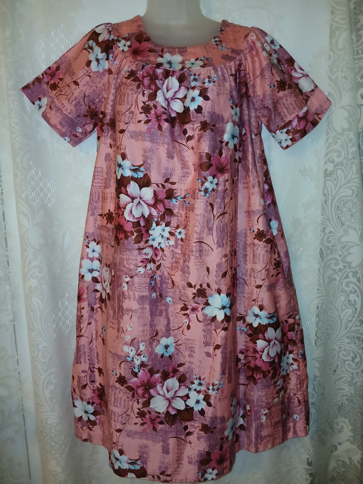 Vintage 70s Sears Hawaiian Pink Floral Cotton Muumuu Caftan Tiki Oasis Dress S