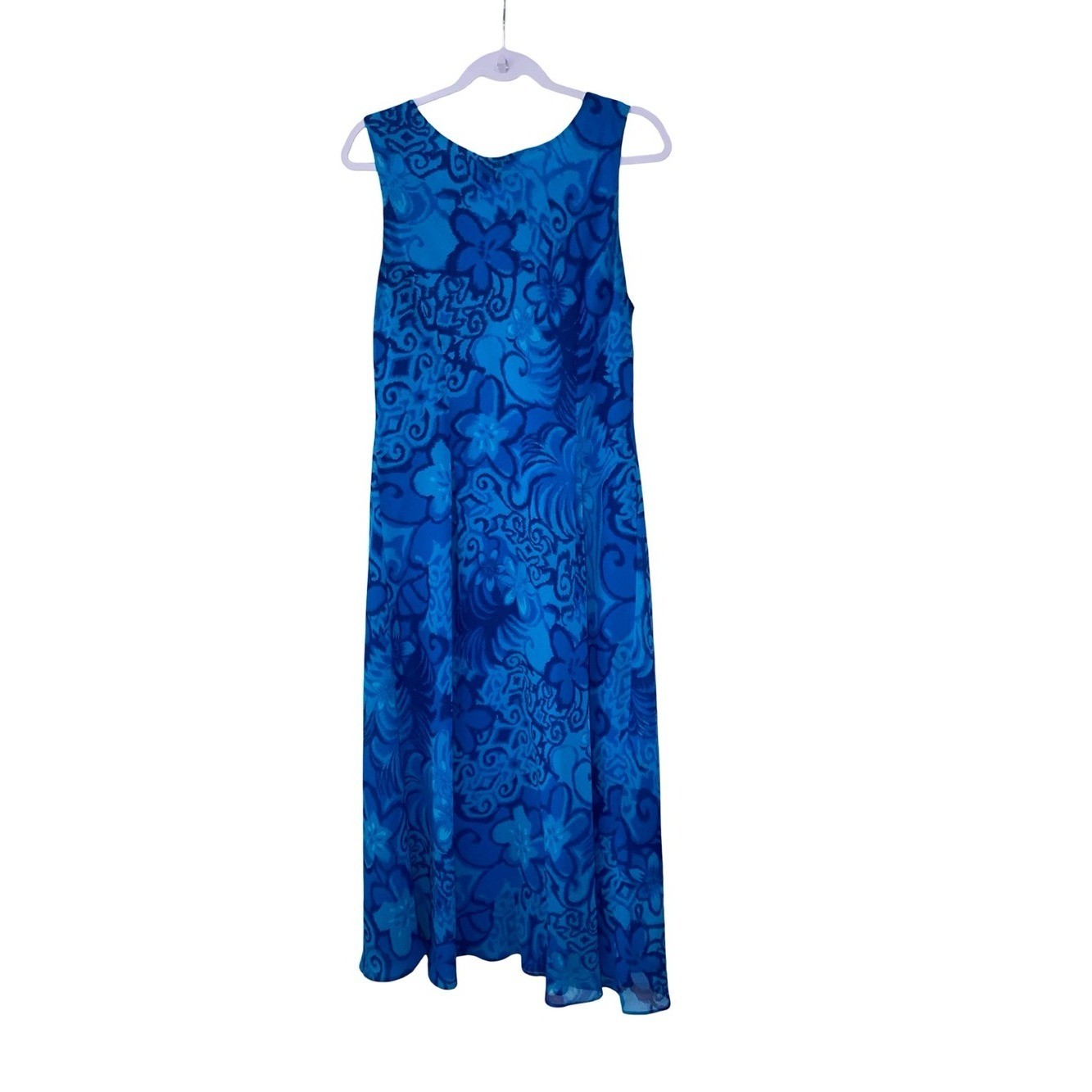 Vintage Studio I Blue Floral Abstract Maxi Dress Sleeveless Chiffon Overlay L