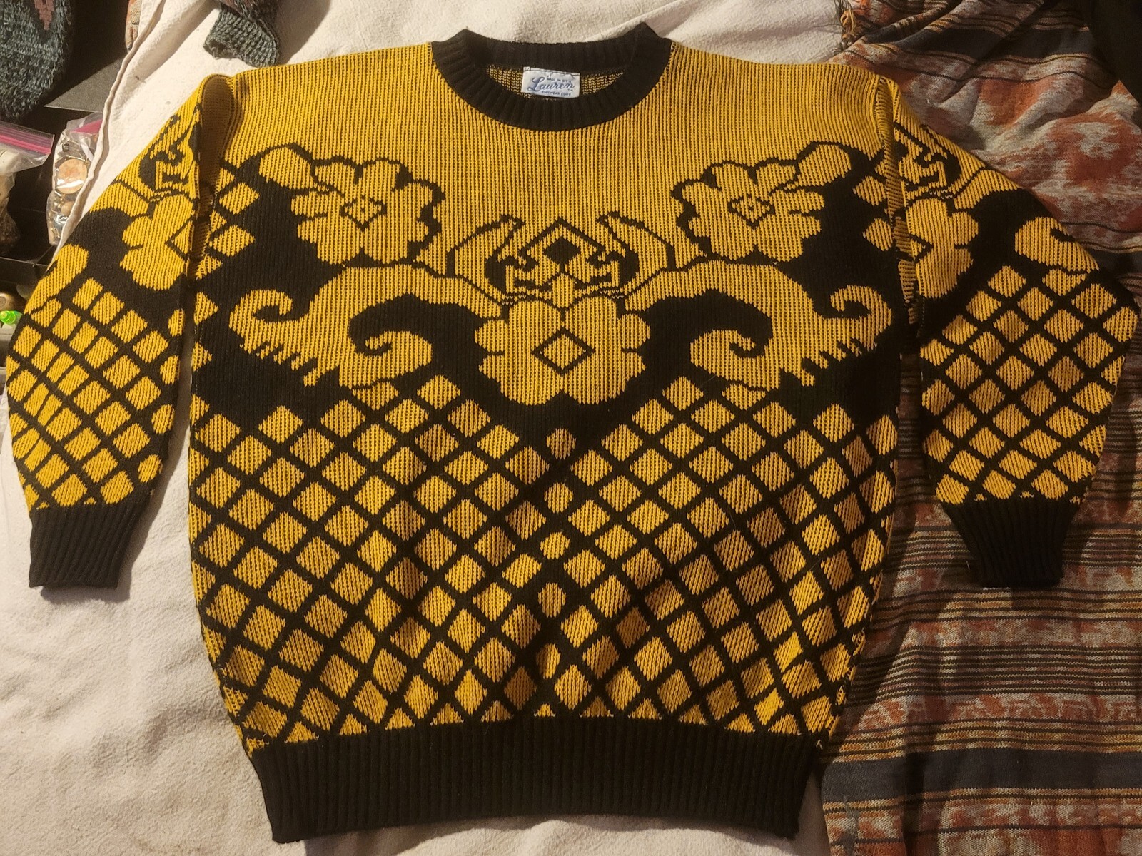 Vintage Black And Yellow Lauren Knitwear Corp. Pullover Knit Sweater