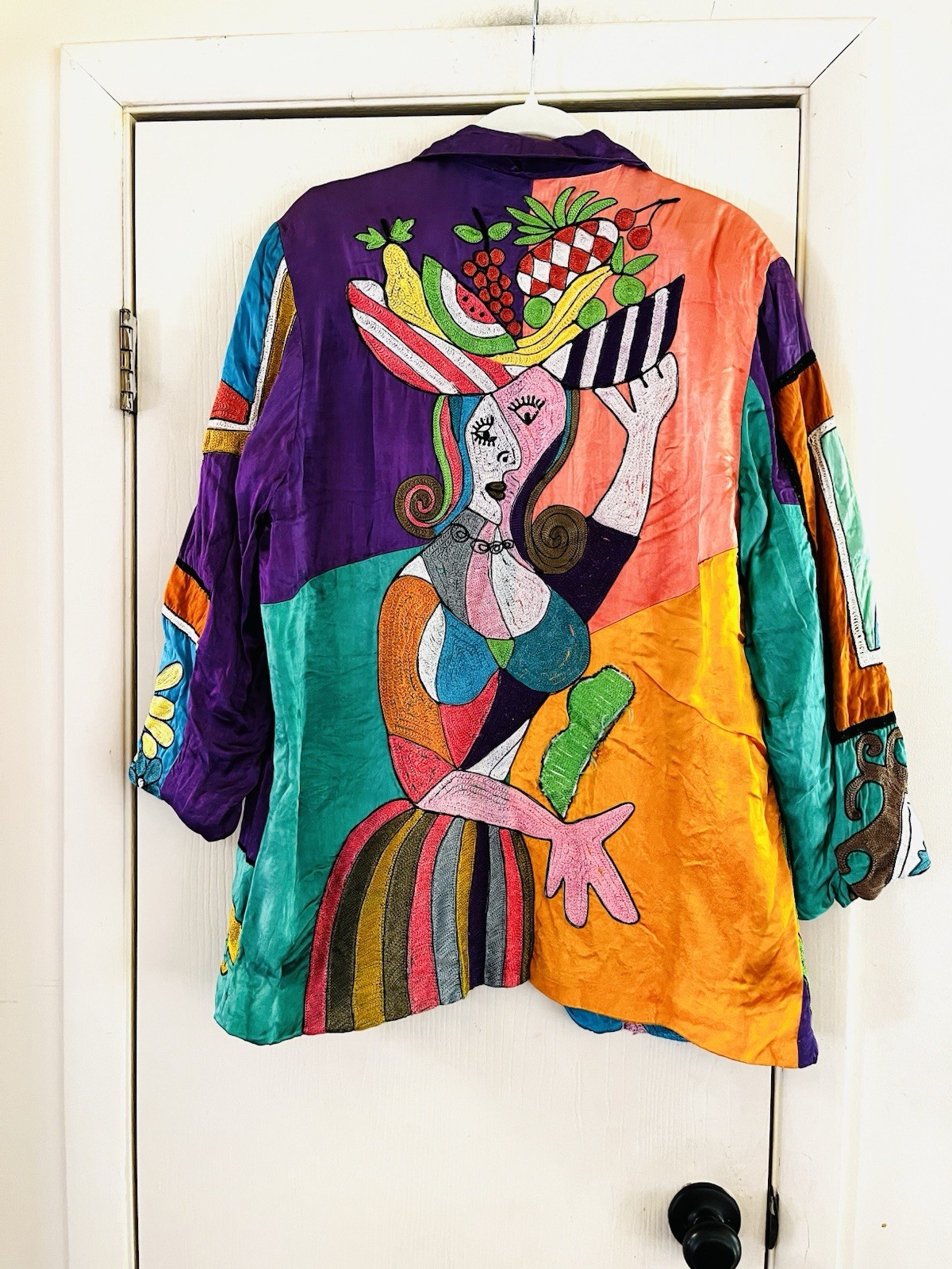 VTG Sandy Starkman Wearable Art Silk Picasso Inspired Boho Maximalism Jacket M