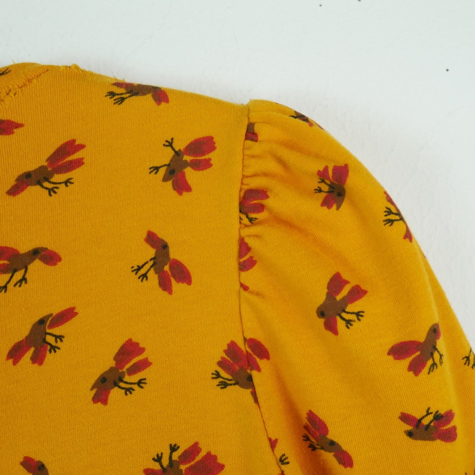 Betsey Johnson Alley Cat 7/8 XS Dress Vintage 70s Bird Print Yellow Puff Sleeve