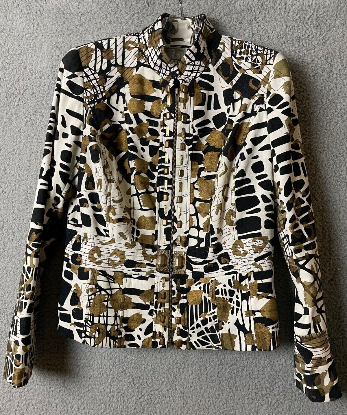 Alberto Makali Jacket Womens 12 White Gold Black Abstract Zip Classic Fitted