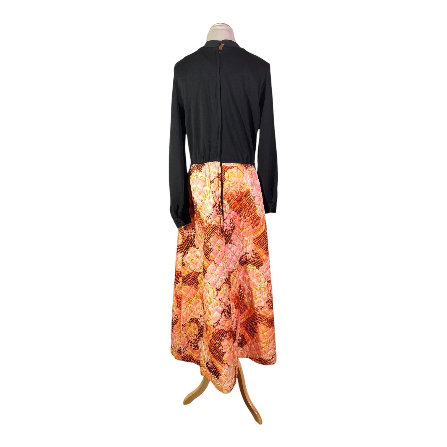 Vintage 1970s Maxi Dress Quilted Skirt Black Pink Orange Hostess