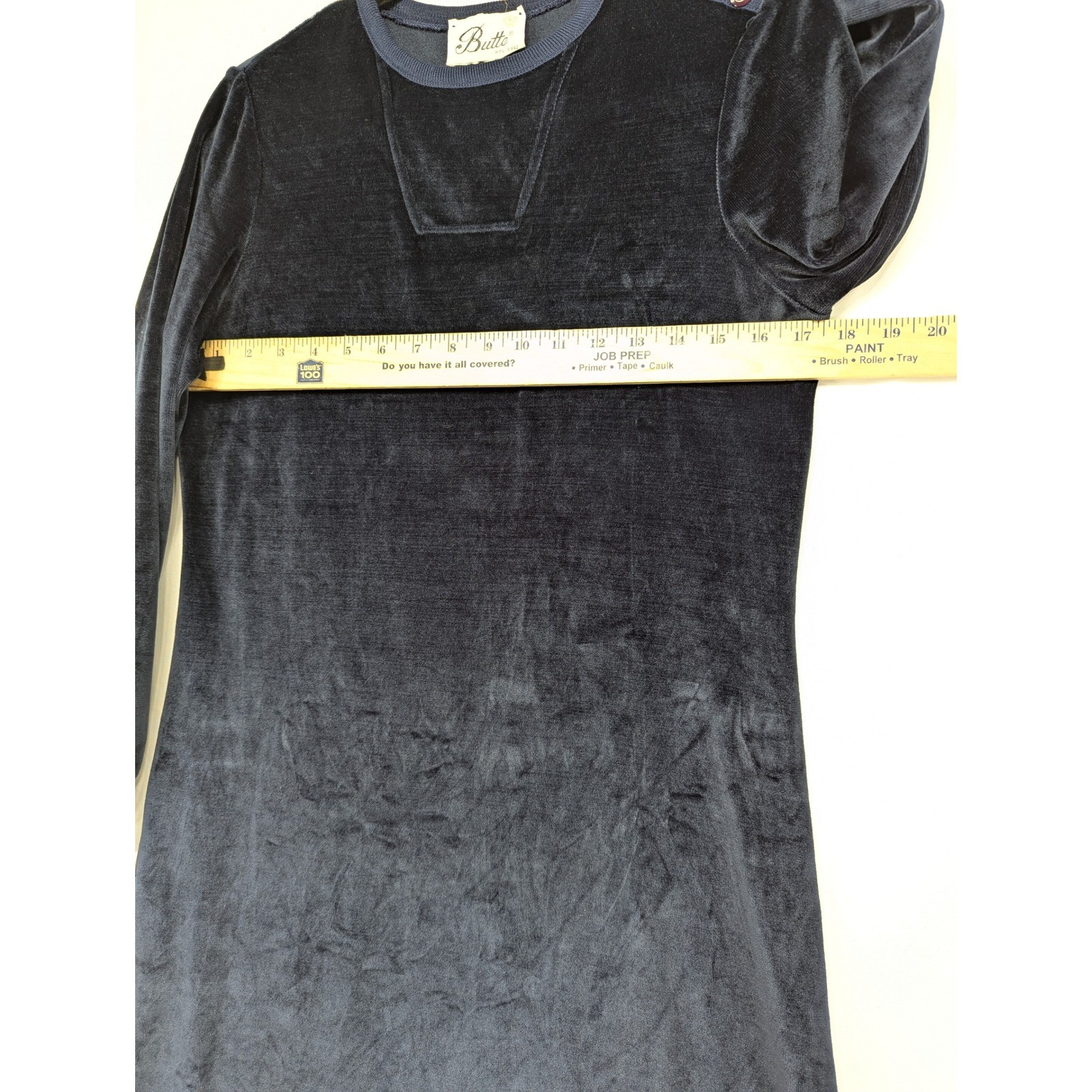 Vintage Butte Navy Blue Velour Midi Dress Long Sleeve Button Shoulder Retro S