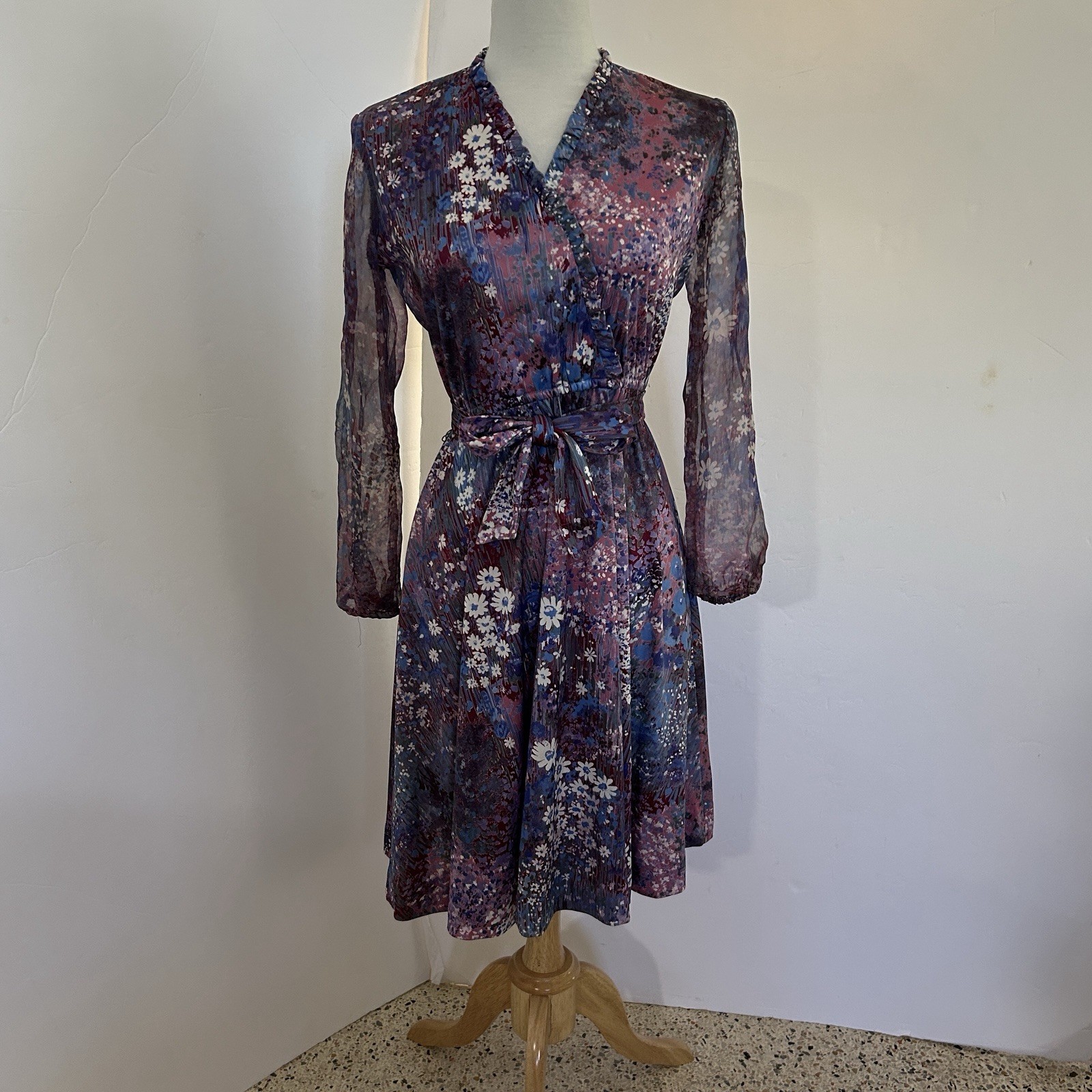 Lady Carol Petites Of New York Floral Dress Small Floral Vintage Blue Purple PS