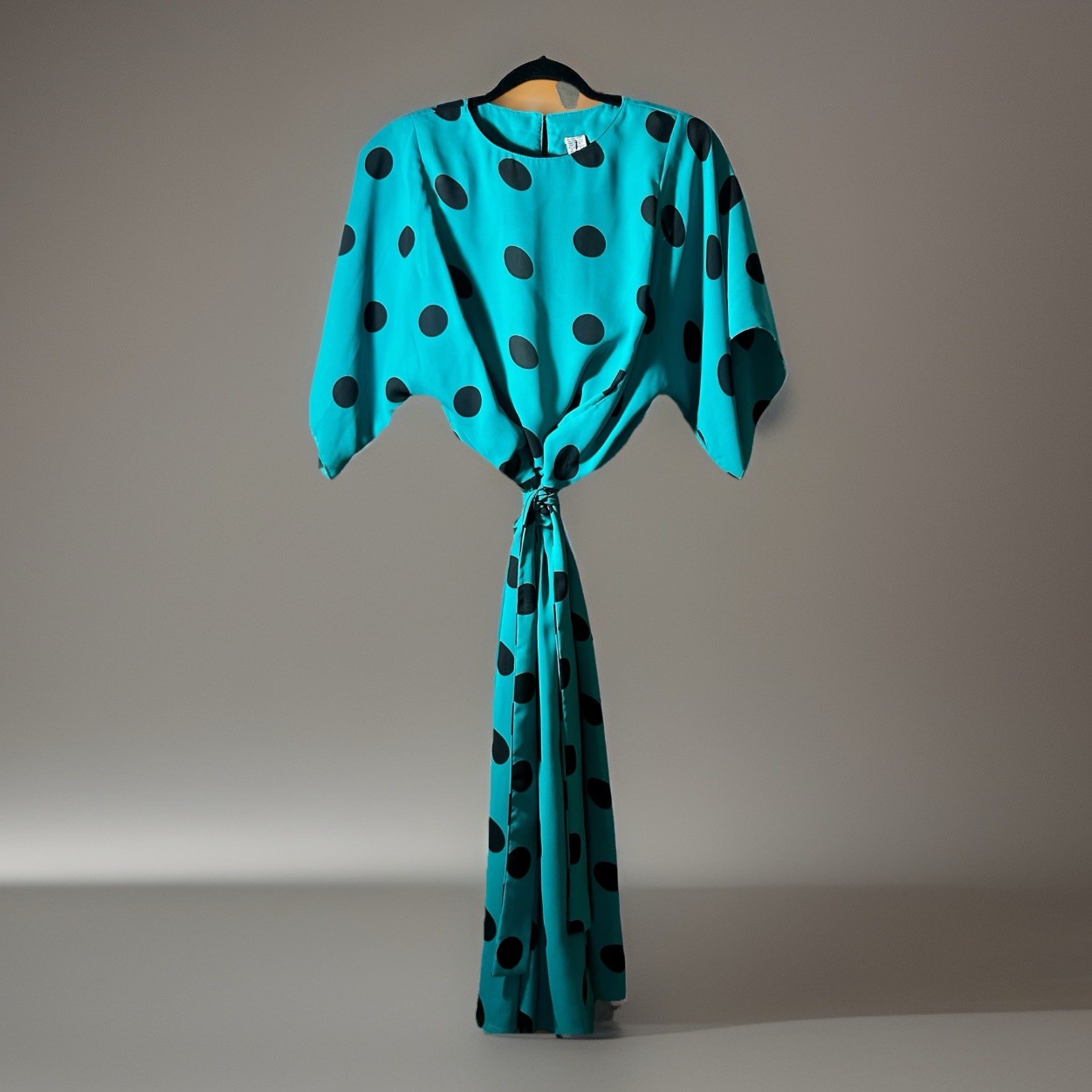 Vintage Silky Black Polka Dot Teal Blouson Belted Midi Dress Totally 80s Size 8