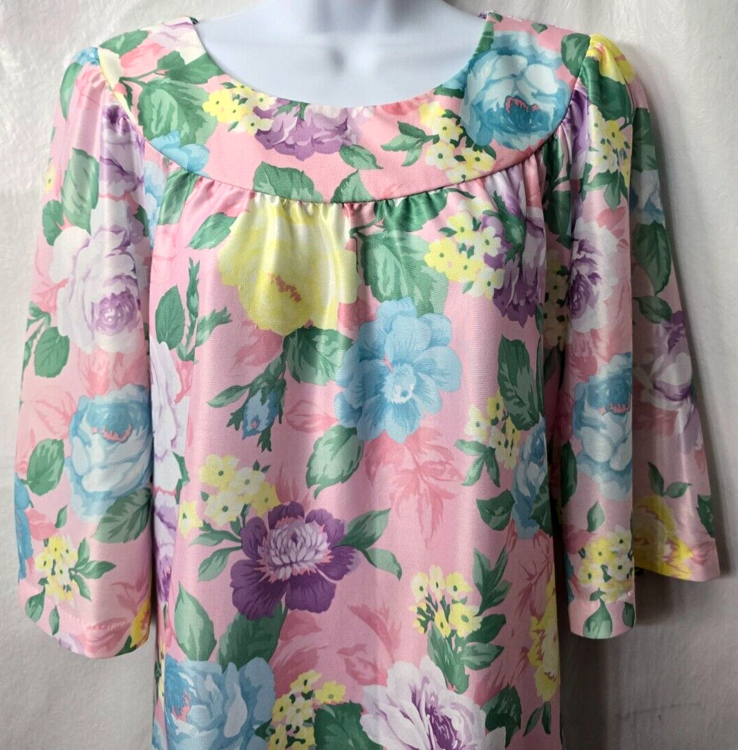 Vintage Caftan Satin Nightie Dress M L Night Gown Mrs Roper Floral Beach 80s 90s