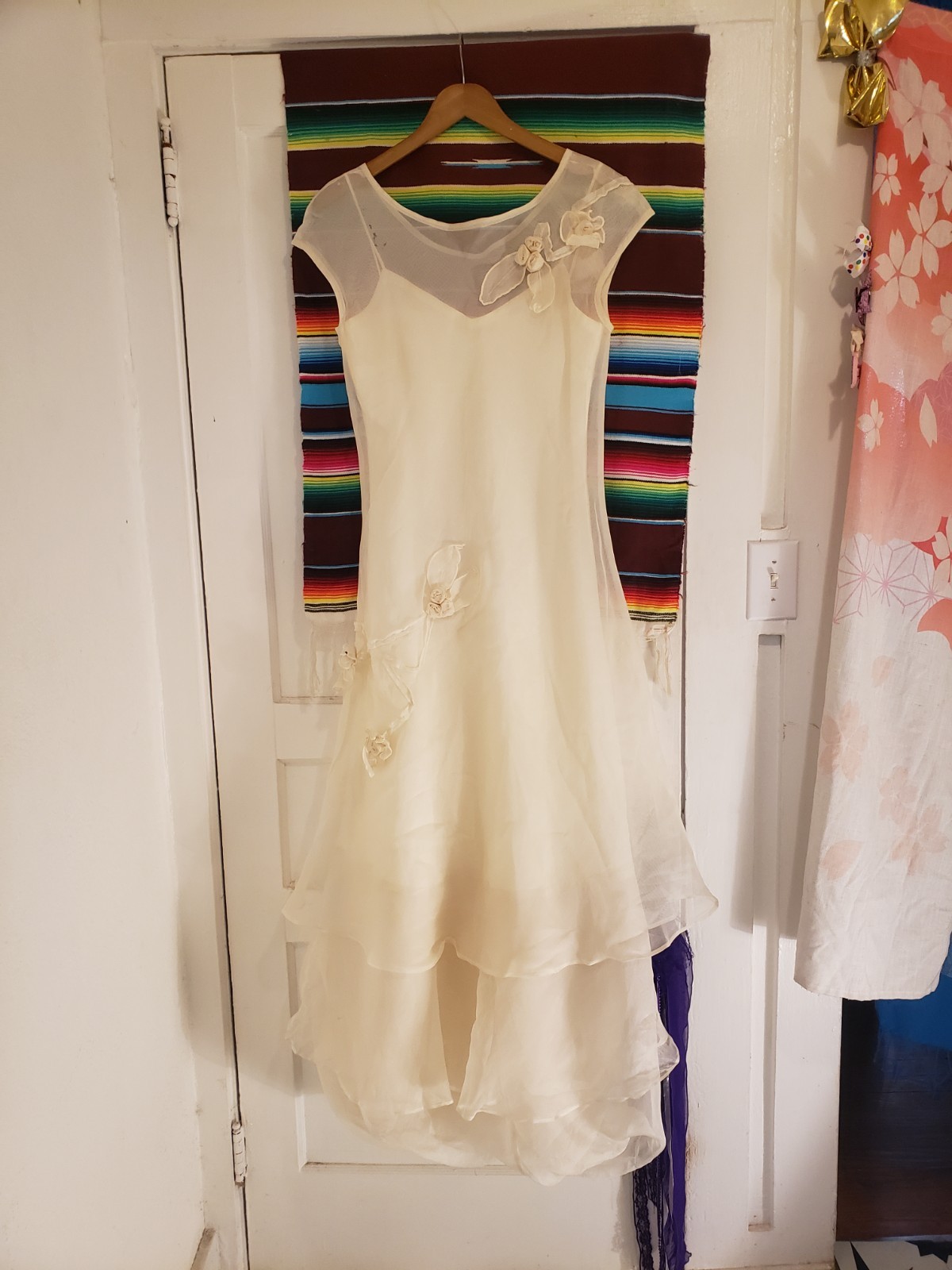 Vtg 90s Tiar Silk Organza & Linen 2 Pc Dress Long As Is Tiered Bubble Hem Sz L