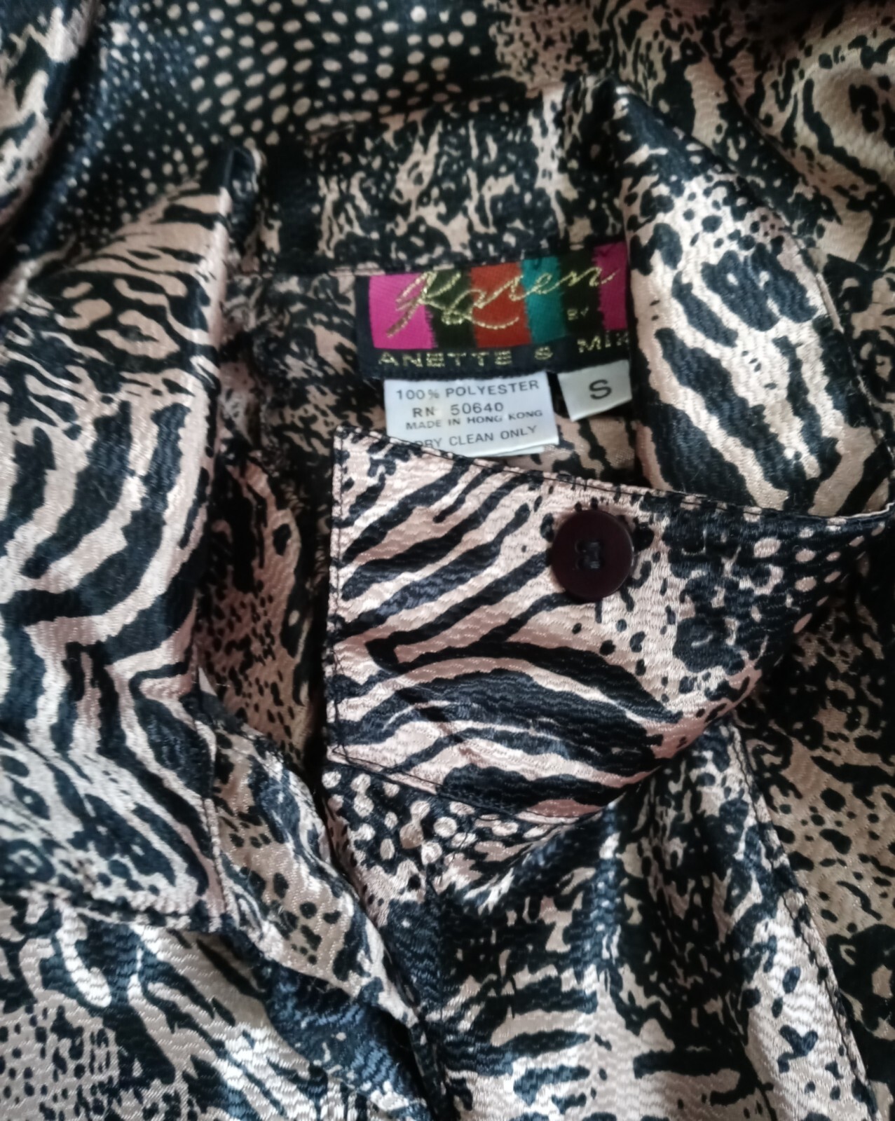 VTG Women S Shirt High Reg Collar Black Gold Animal Print Karen by Anette & Mika