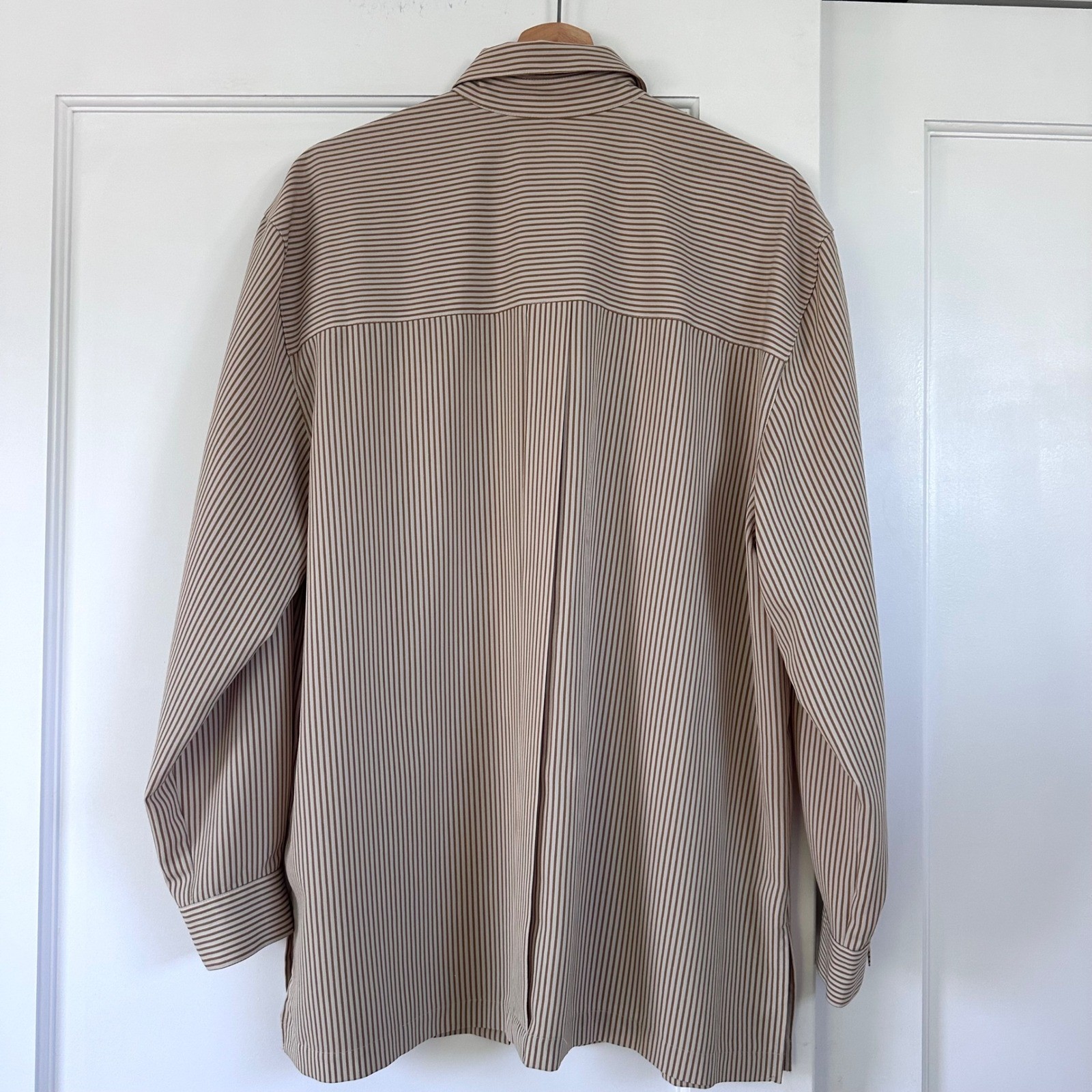 Vintage Chaus Striped Utility Blouse Womens 16 Taupe Cream Button Up Minimalist