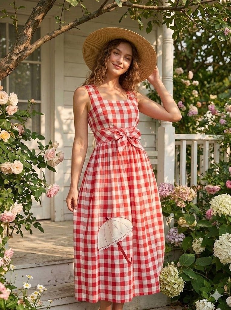 Vintage 70s Red Gingham Maxi Dress Concept Swirl Umbrella Applique Picnic 10