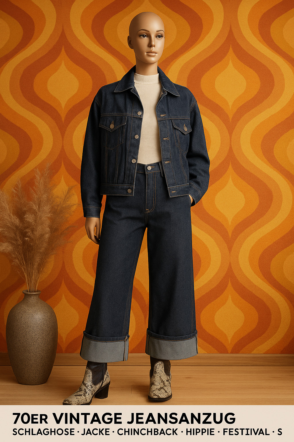 70s Vintage Denim Suit Flare Pants Jacket Chinchback Hippie Festival S