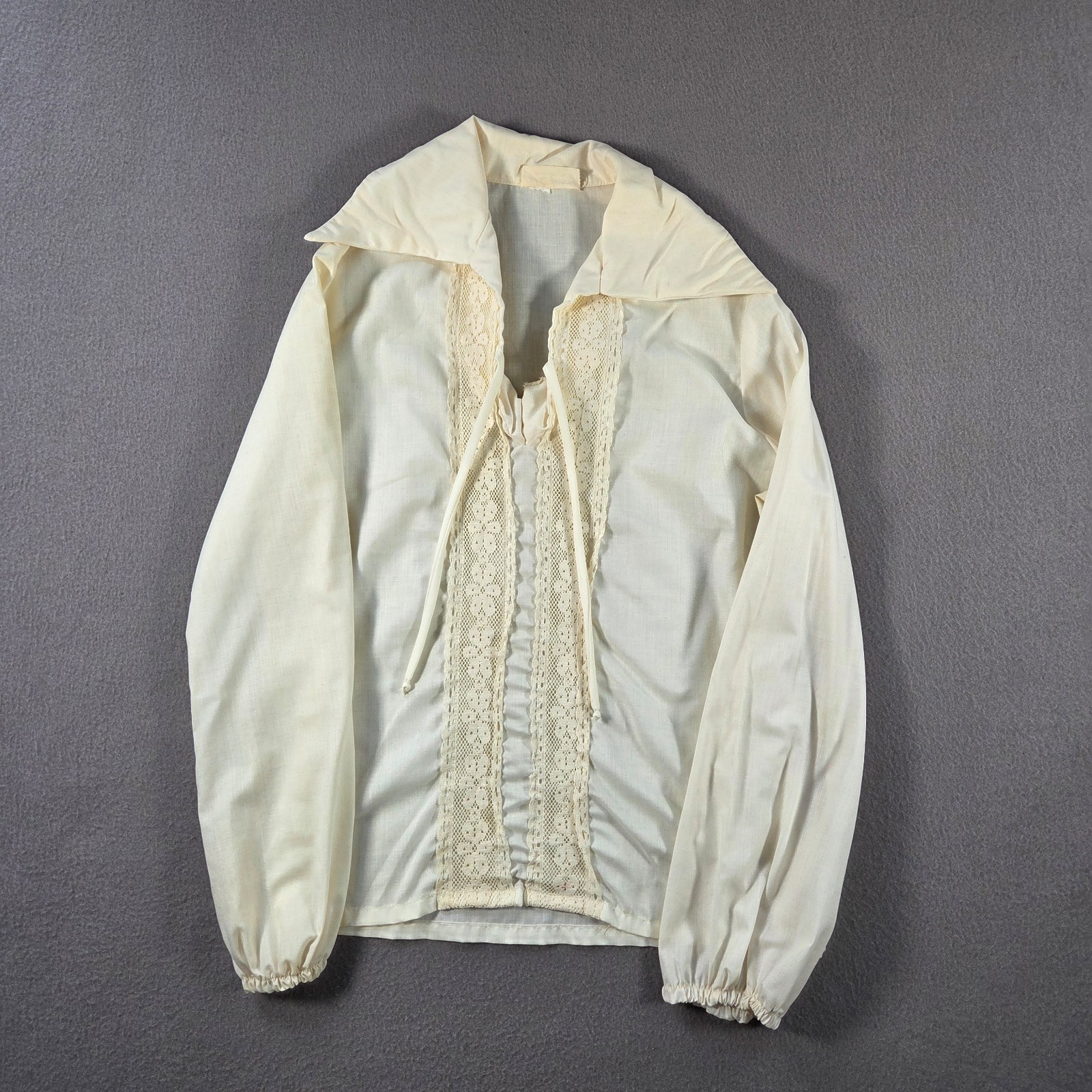 Vintage NPC Fashions Blouse Womens Small Sheer Lace Trim Tie 70s Long Sleeve