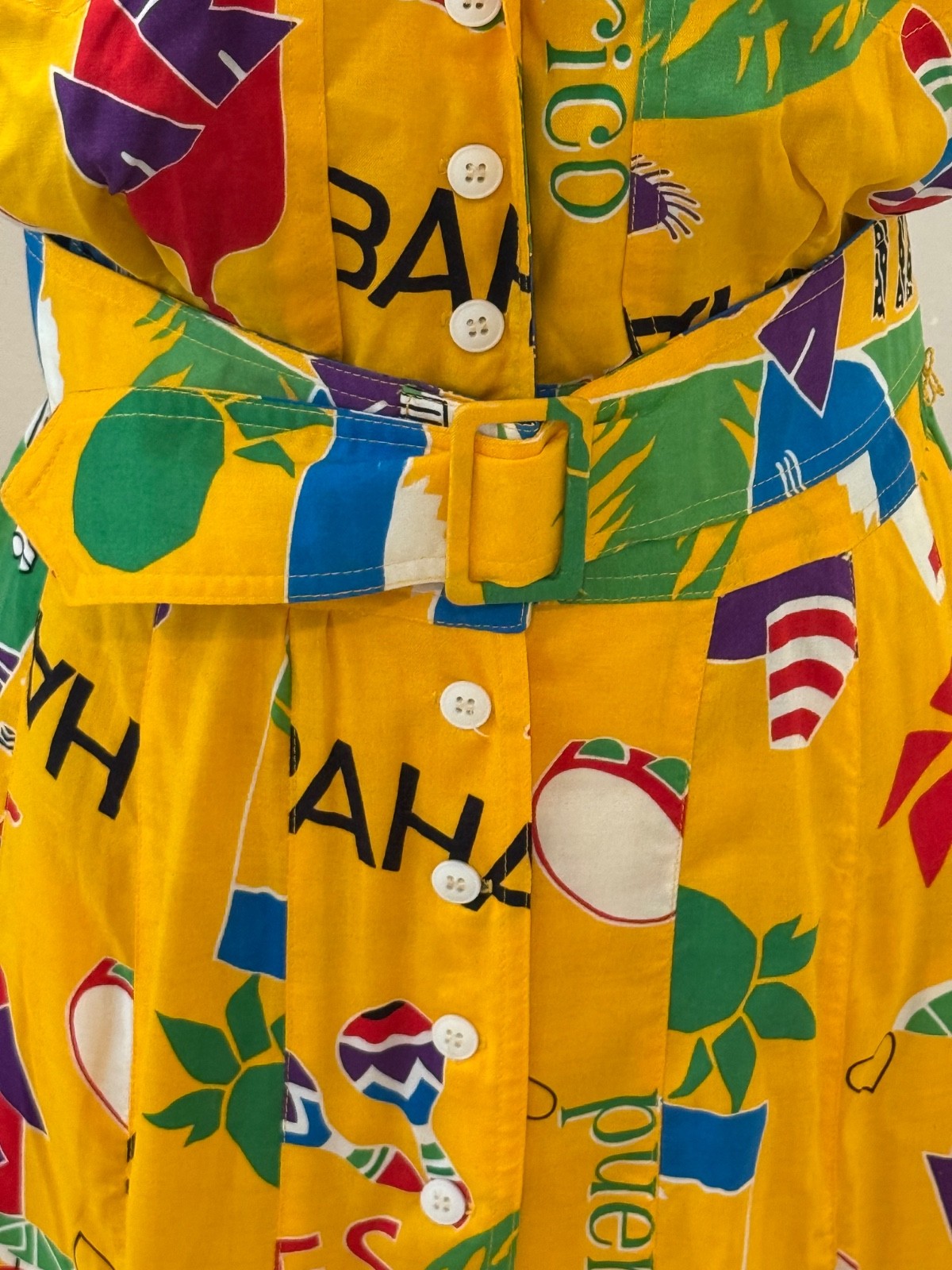 Vintage 1980s Karen Alexander Caribbean Print Belted Midi Dress Tropical Size 10