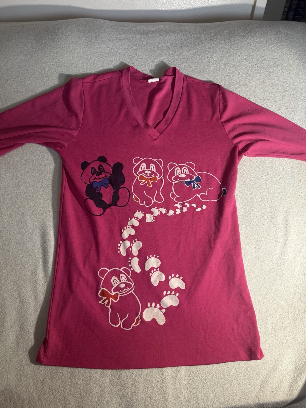 Vintage Panda Short Nightgown 70s 80s Pink Longline Tunic V Neck Slim Nostalgia