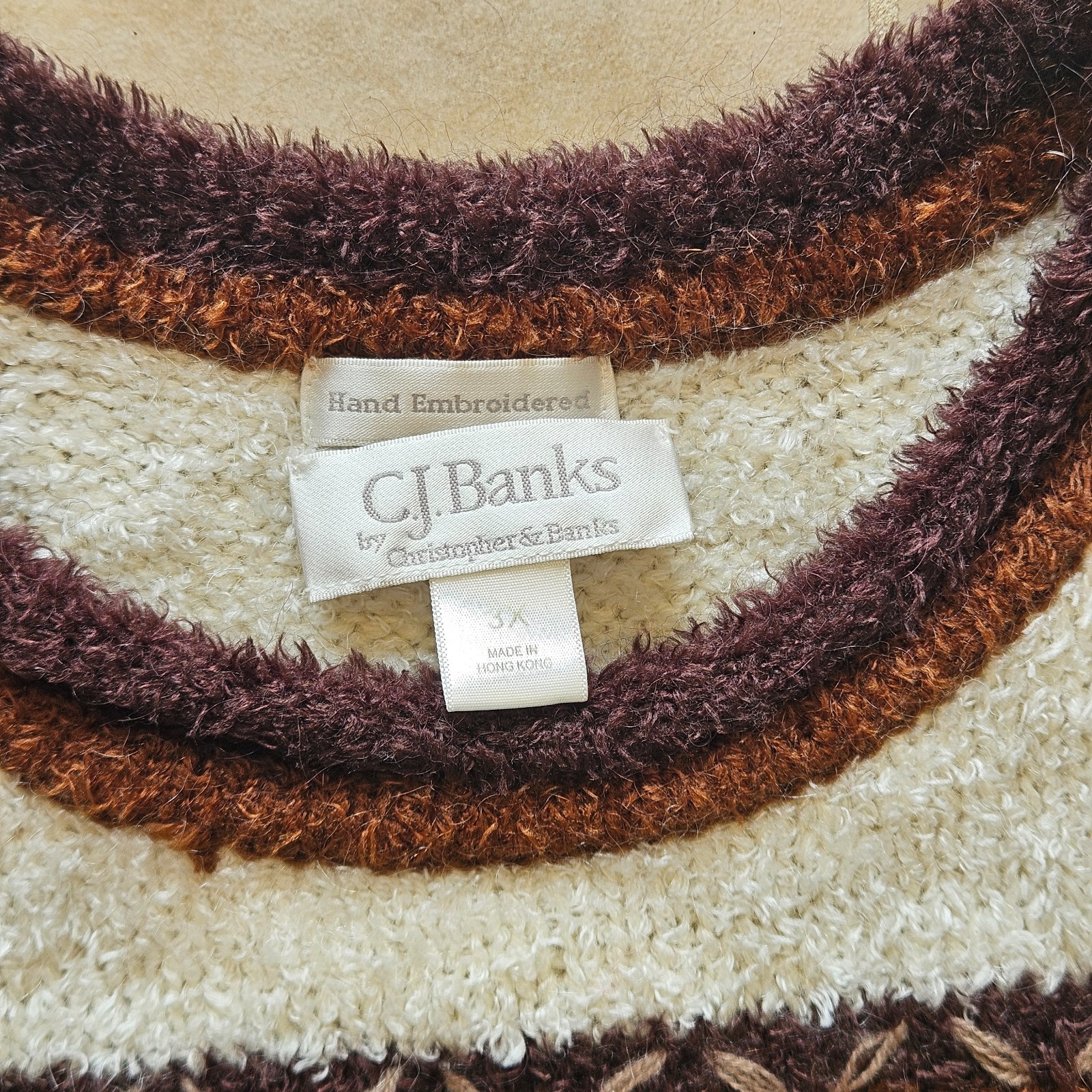 Vintage CJ Banks Sweater Womens 3X Brown White Tan Mohair Blend Fuzzy Pullover