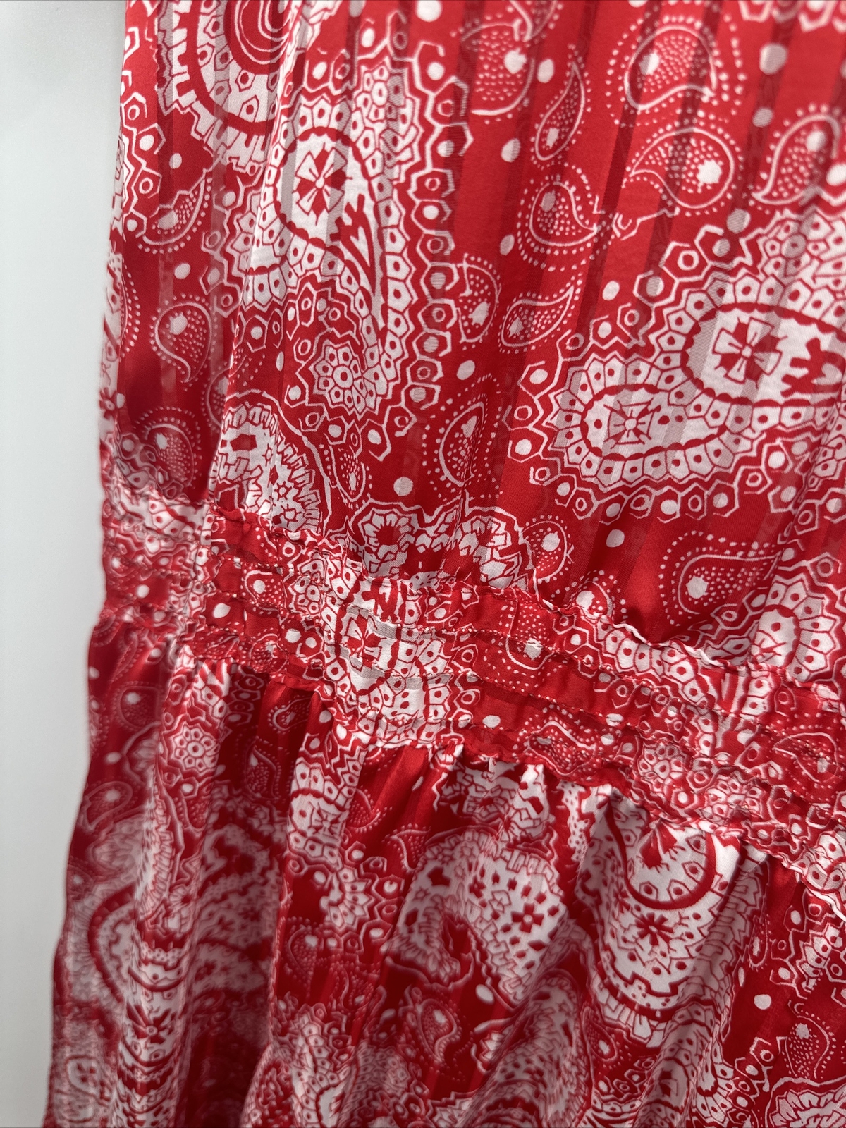 Diane Freis Georgette Red Paisley Polka Dot Dress With Shoulder Drape Cascade