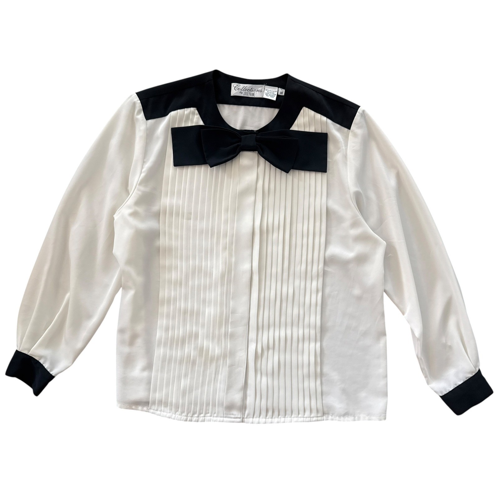Collections by Josephine Tuxedo Blouse Pleated Bow Secretary Top 14 Black White