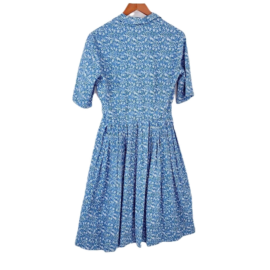 Vintage Midi Dress Dixie Deb Blue Floral Shirtdress Full Skirt S/M