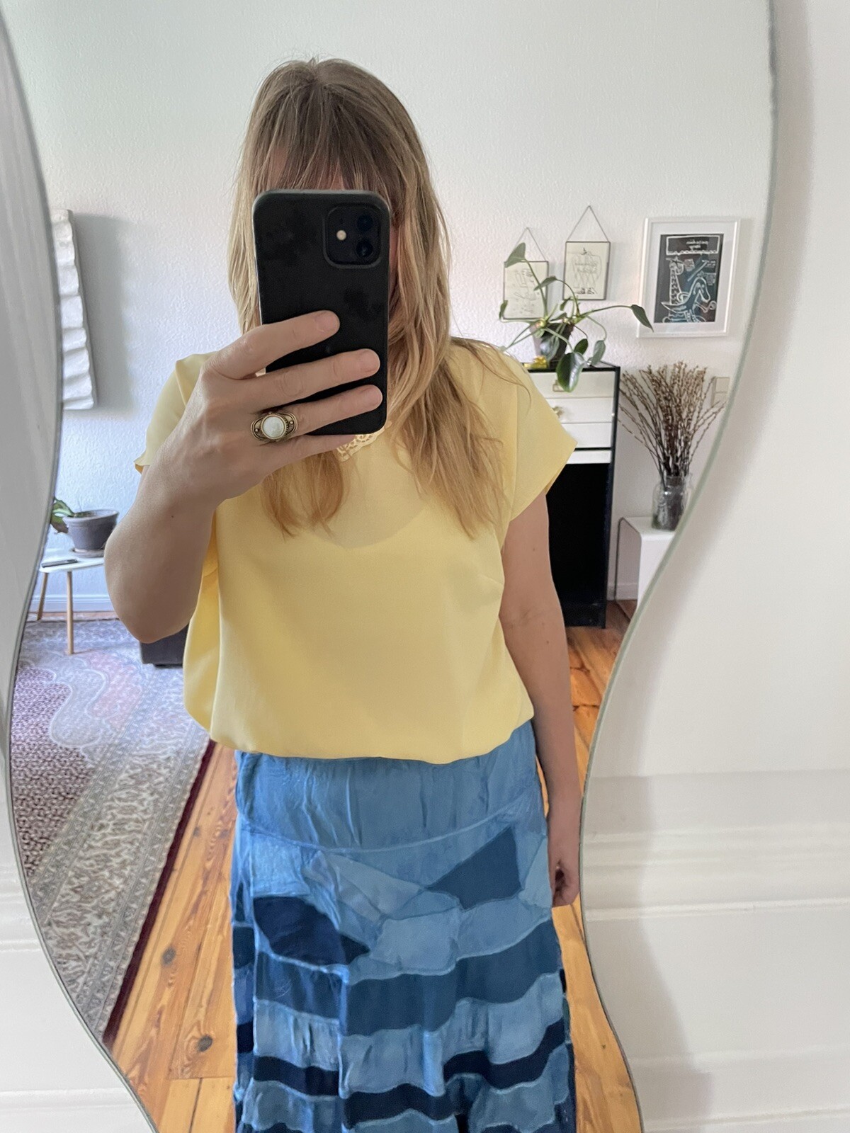 Vintage 80’s Yellow Viscose Blouse with Lace Collar- Size XL