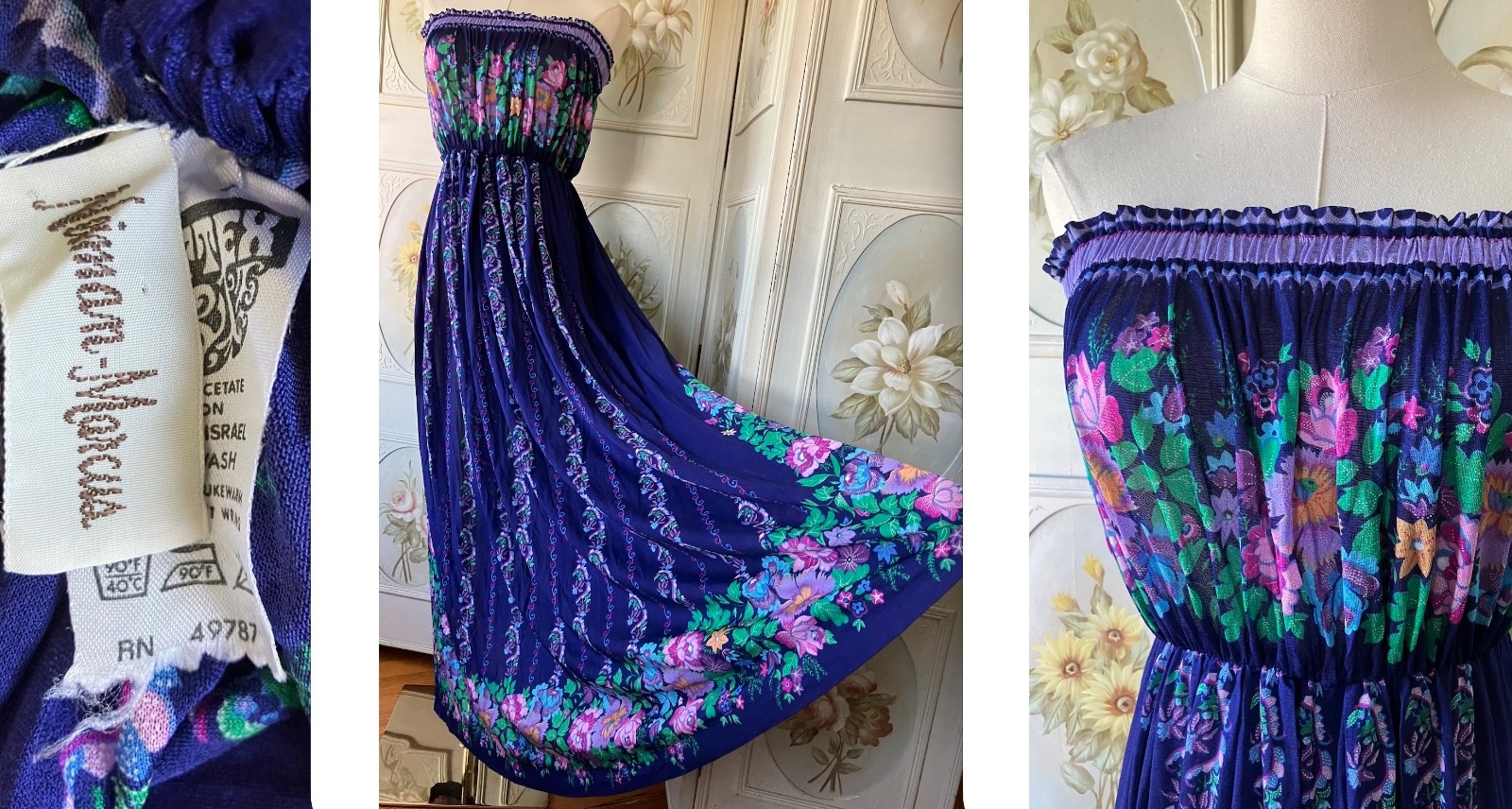 VTG 70s GOTTEX NEIMAN MARCUS DRESS SLEEVELESS TRIACETATE HAWAII PURPLE FLORAL M